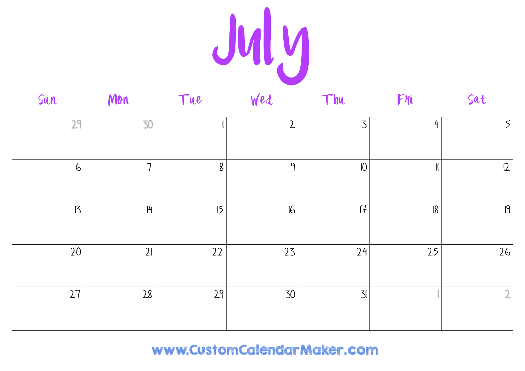 Calendar Page For July 2025