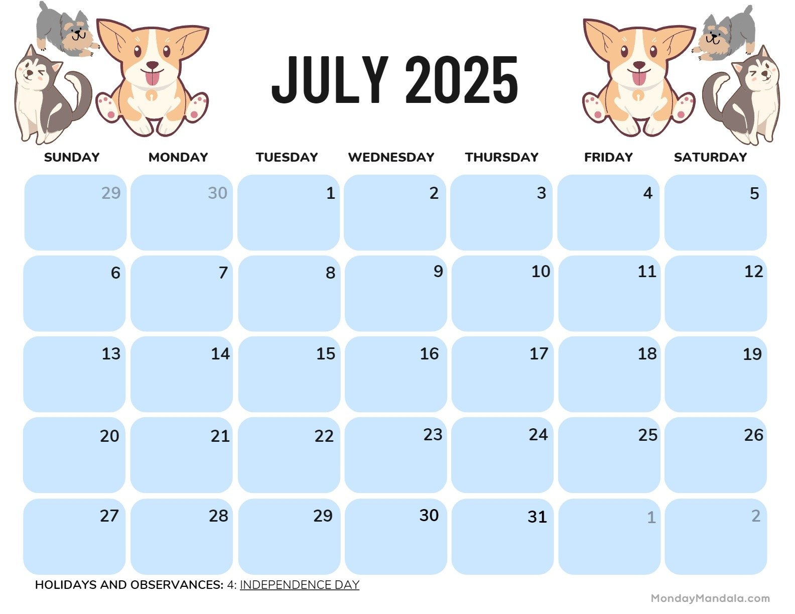 Free Printable Monthly Calendar July 2025