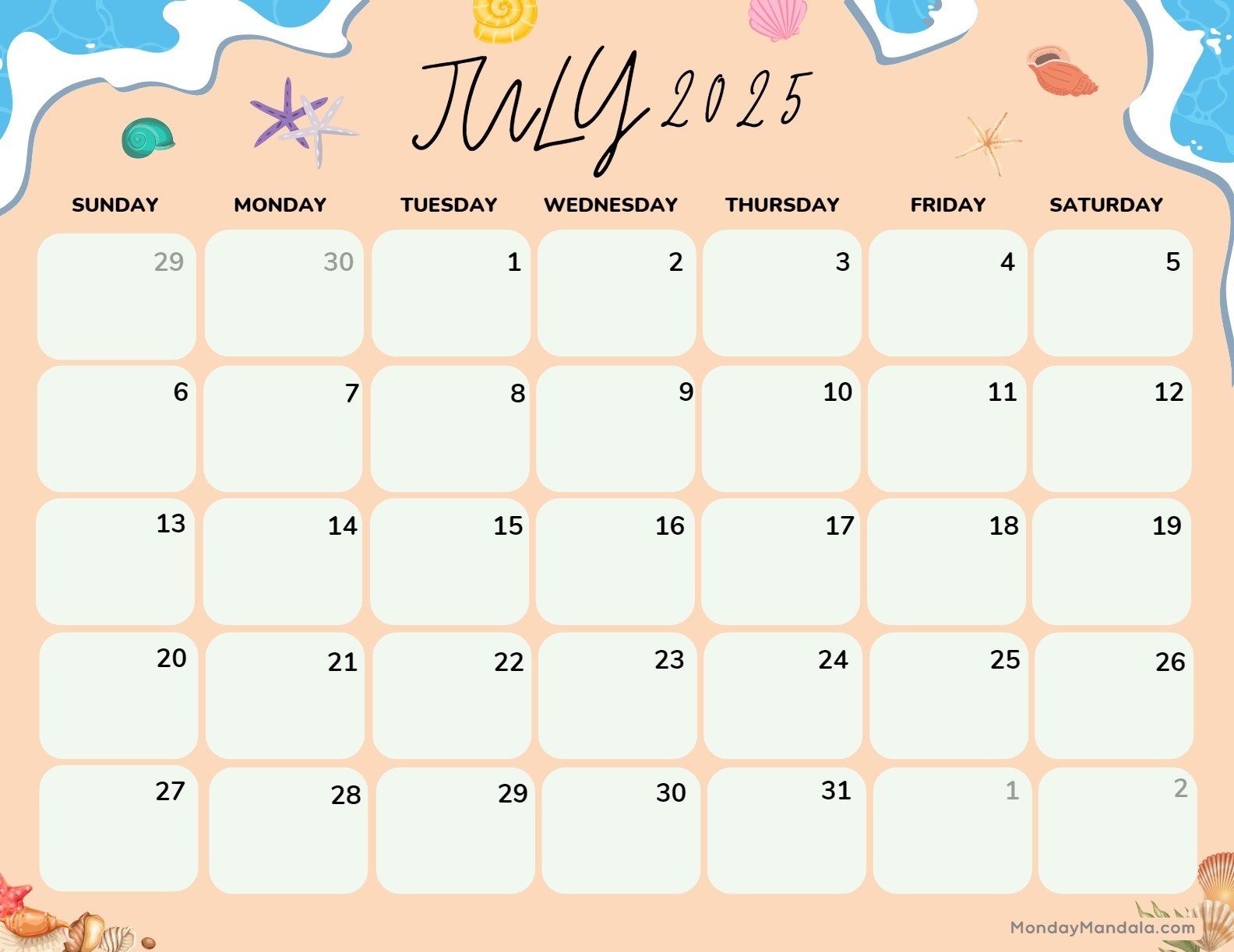 Cute Printable July Calendar 2025