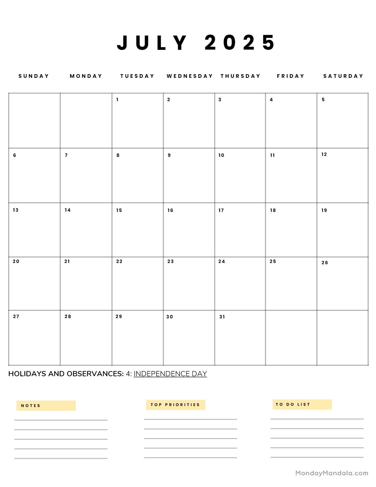 Printable Calendar 2025 July