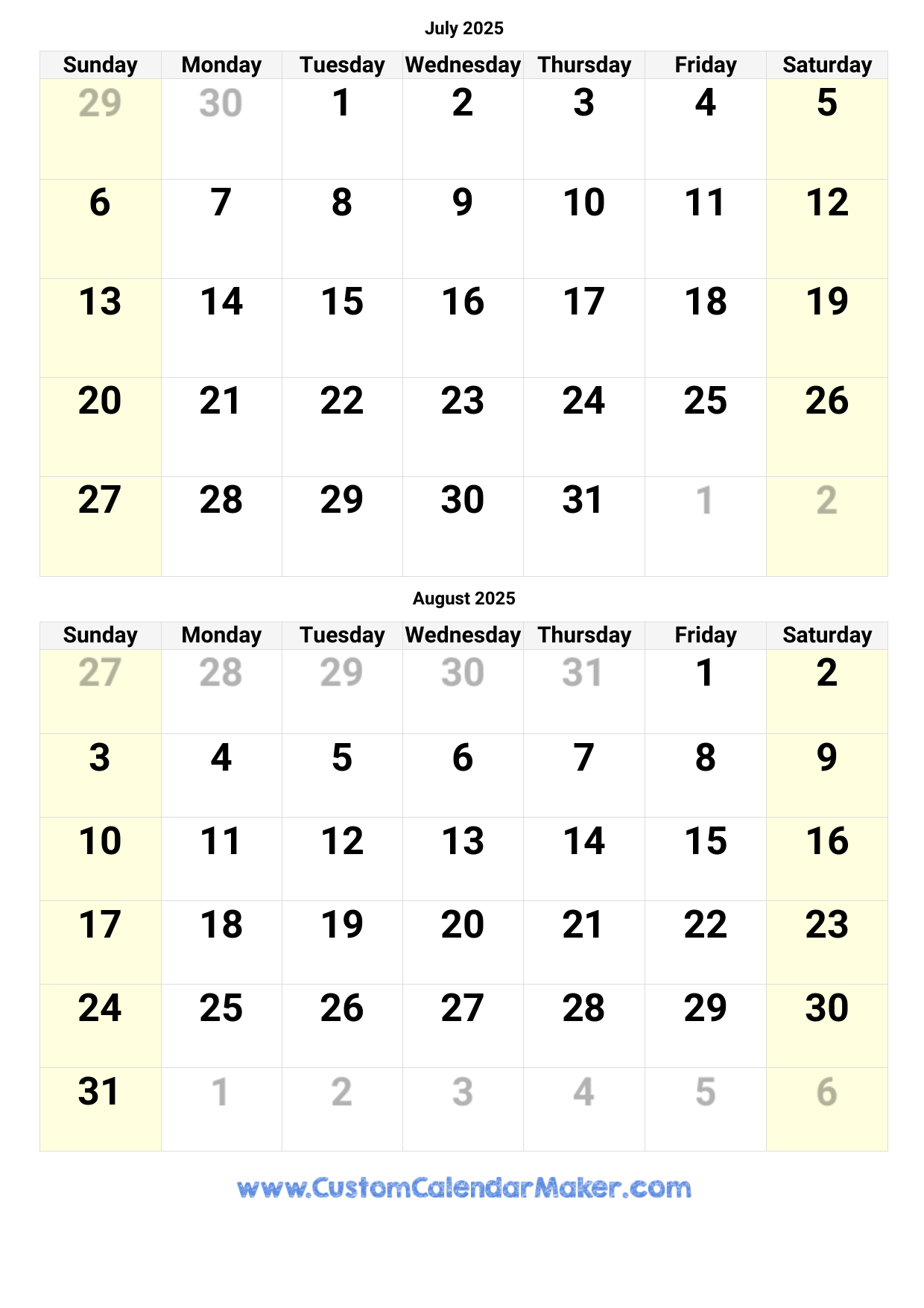 Blank July And August 2025 Calendar