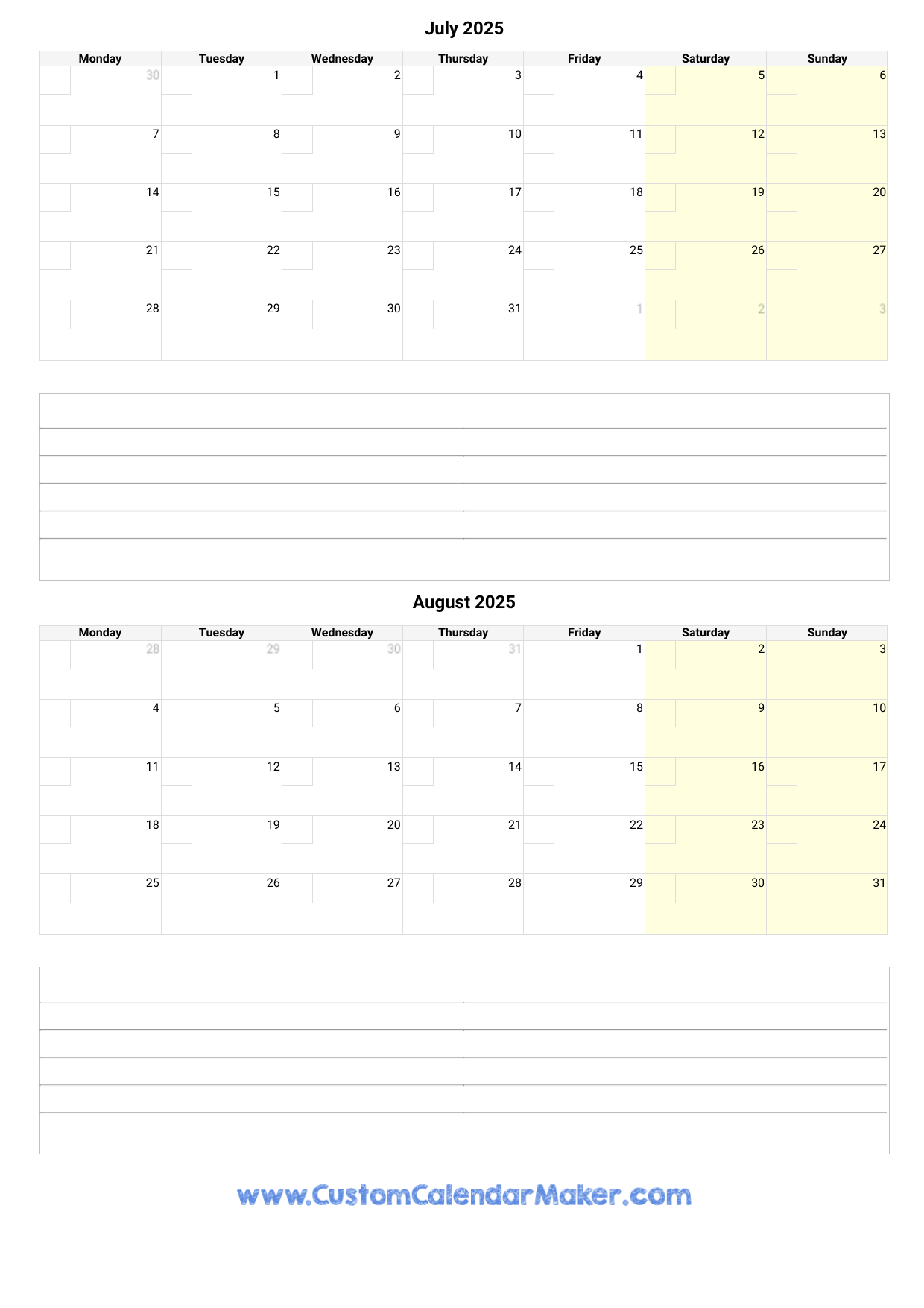 Blank June July August 2025 Calendar