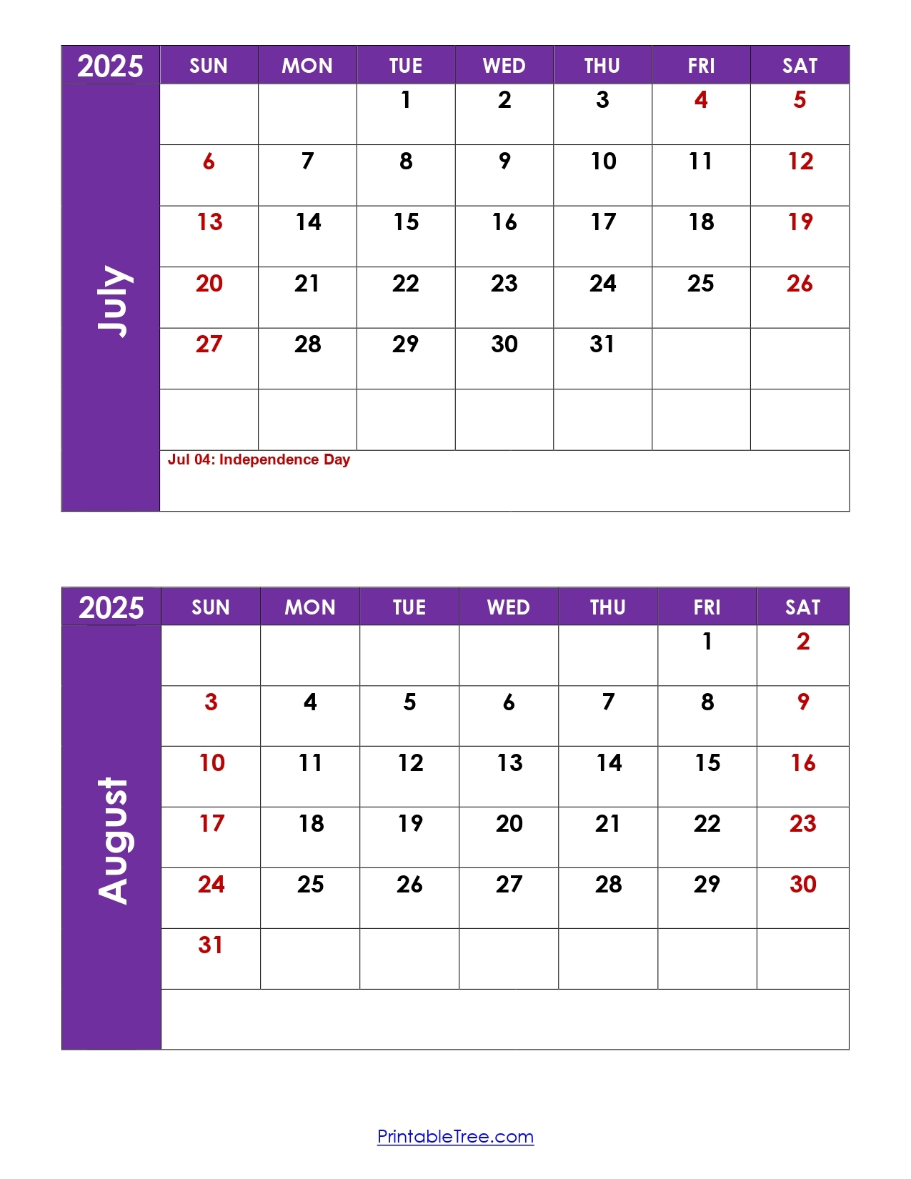 July And August 2025 Printable Calendar 2