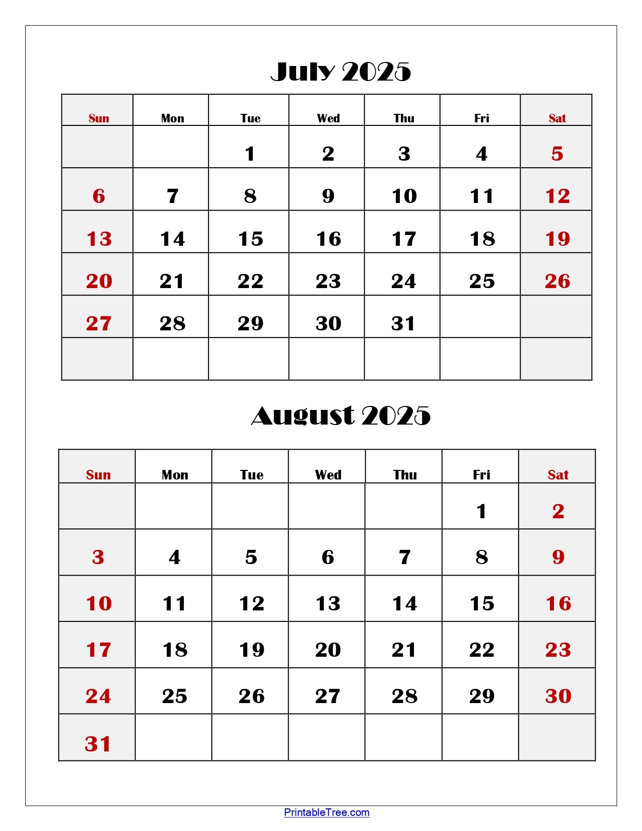 July August Printable Calendar 2025