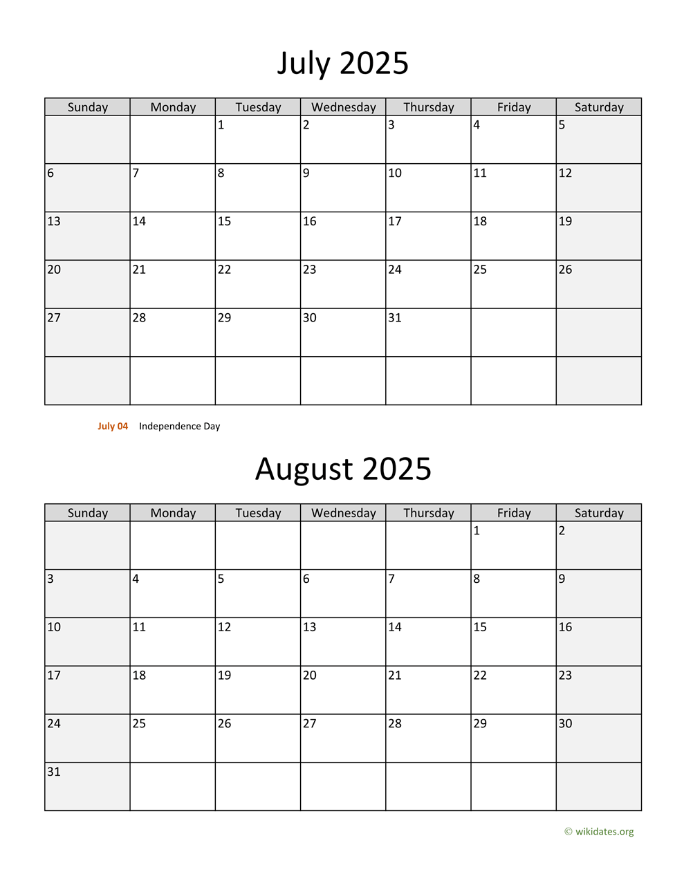 Printable Calendar 2025 June July August