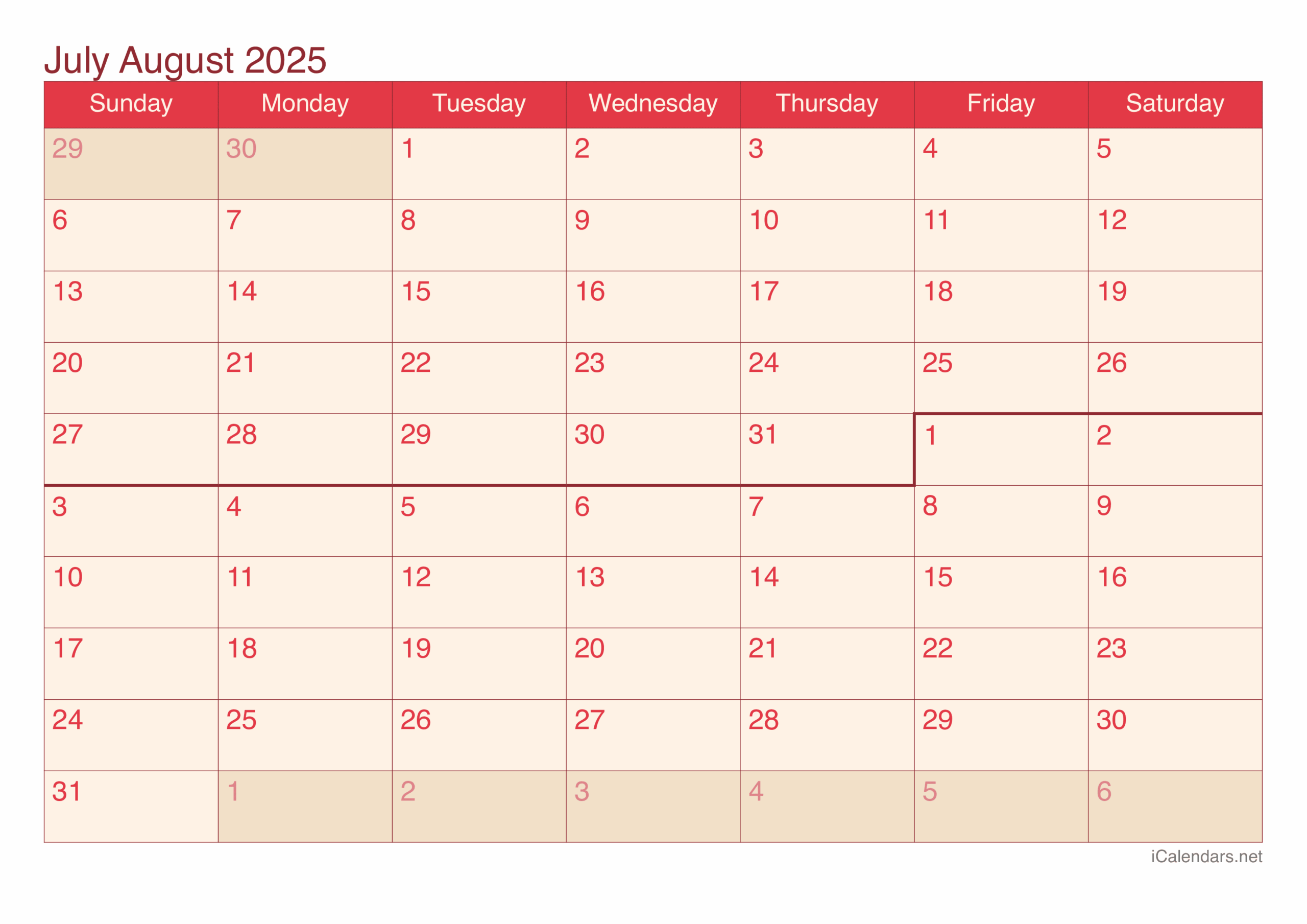June July August 2025 Calendar Editable