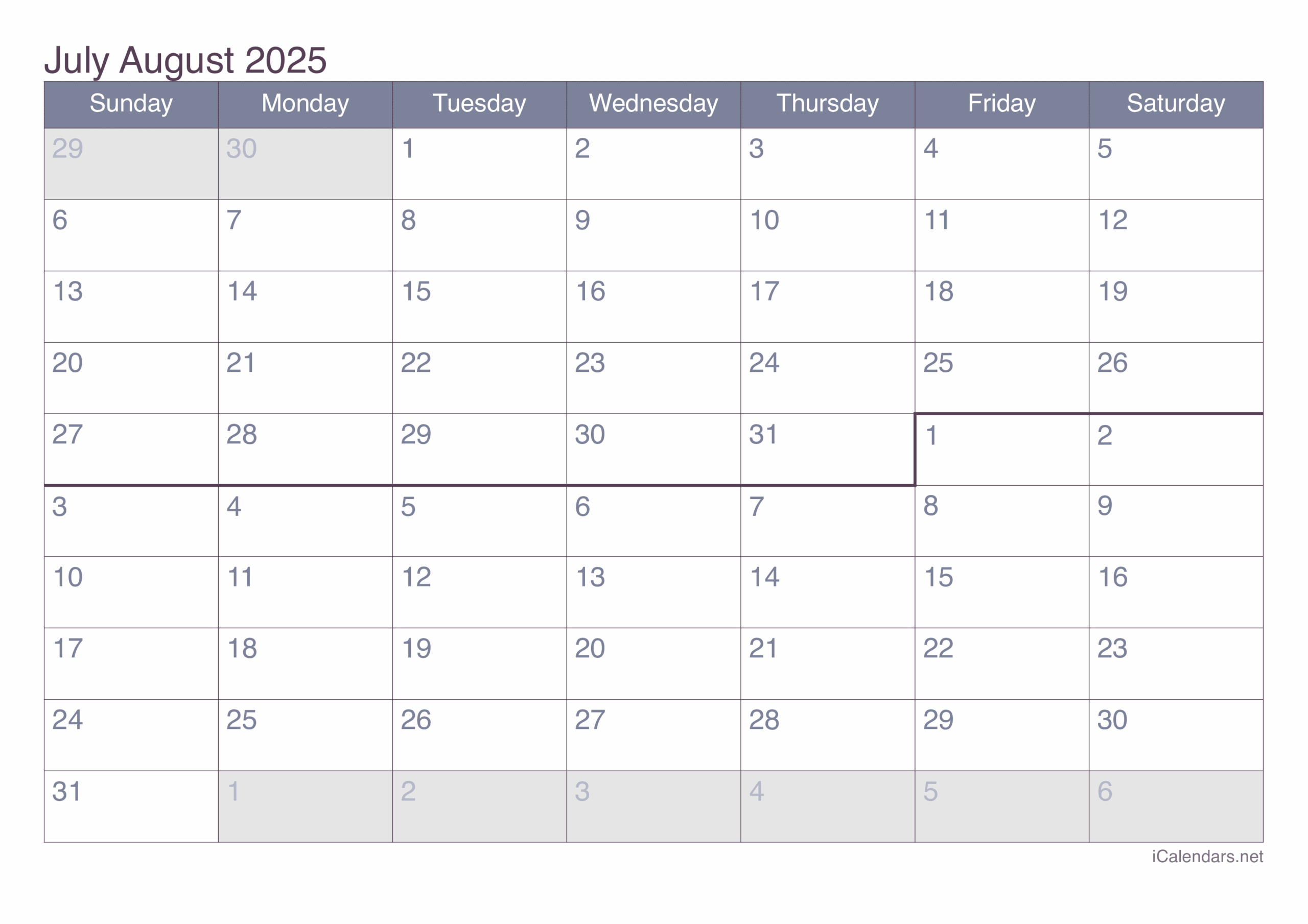 Printable June July August 2025 Calendar