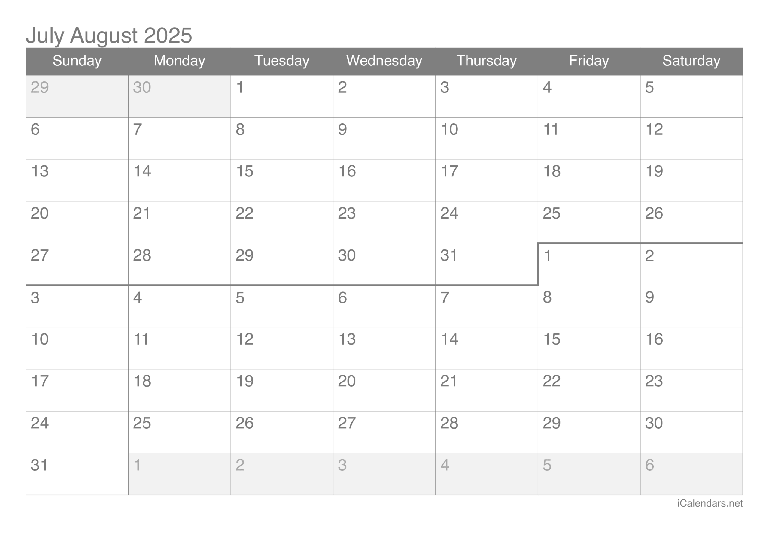 May June July August 2025 Calendar Printable