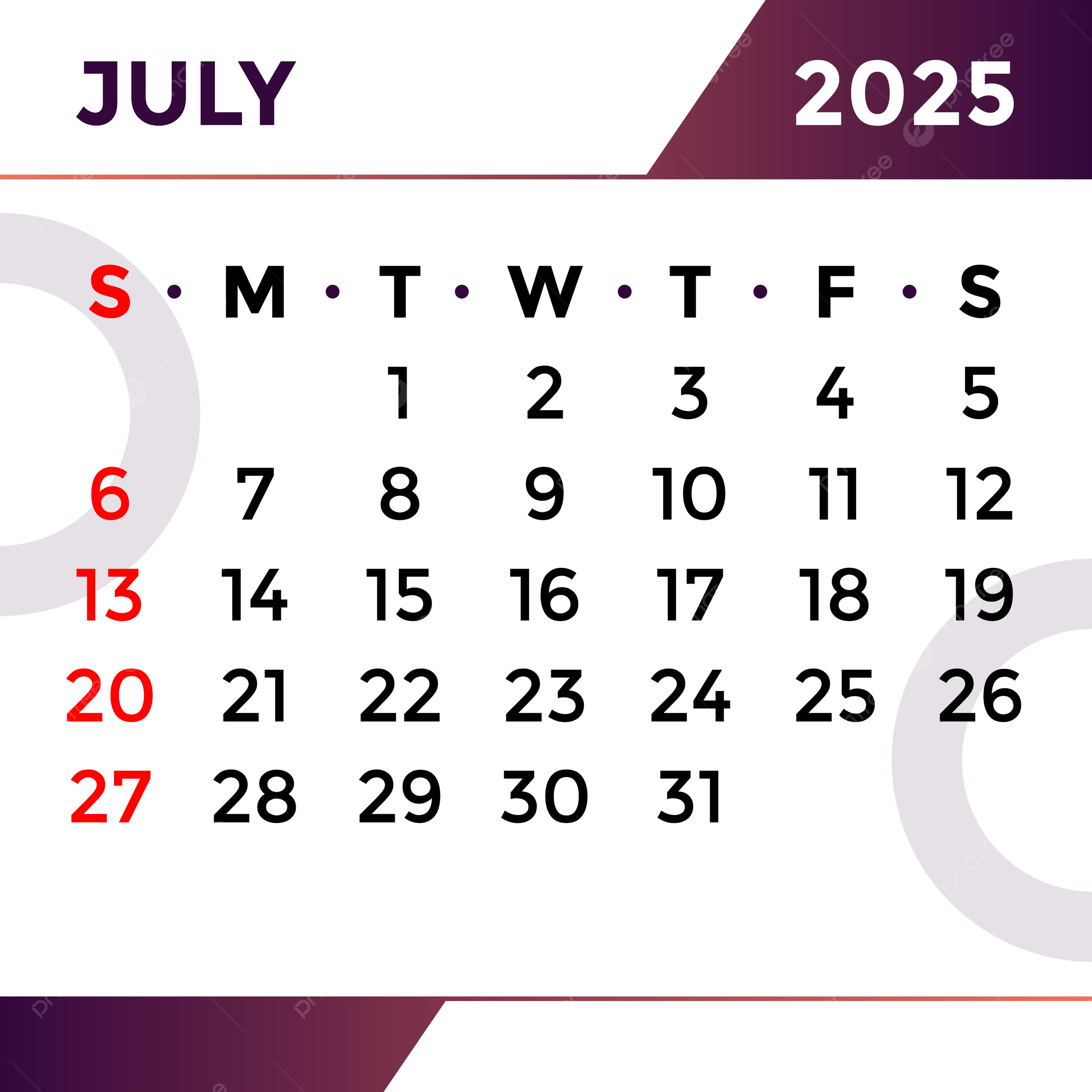 2025 Calendar July Month