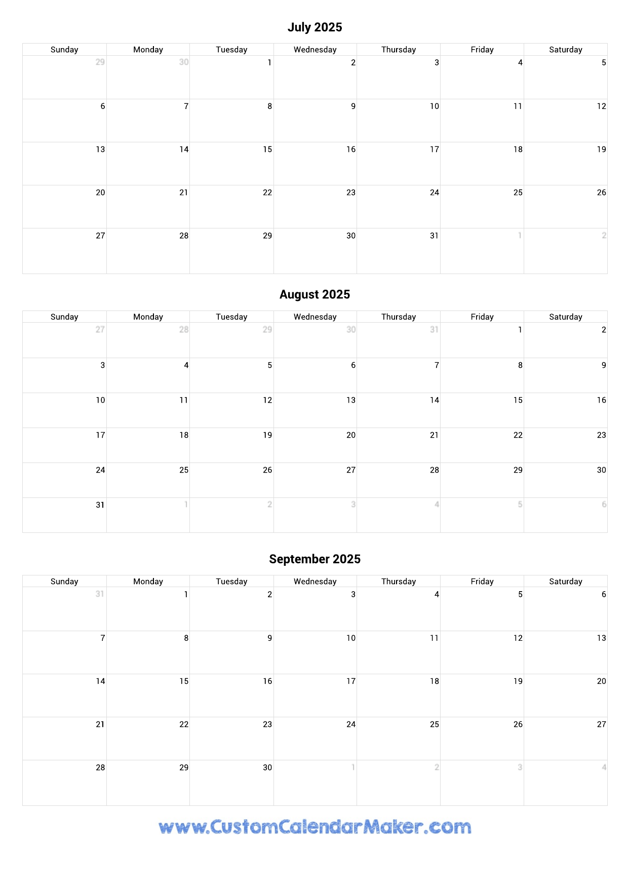 Calendar 2025 July August September