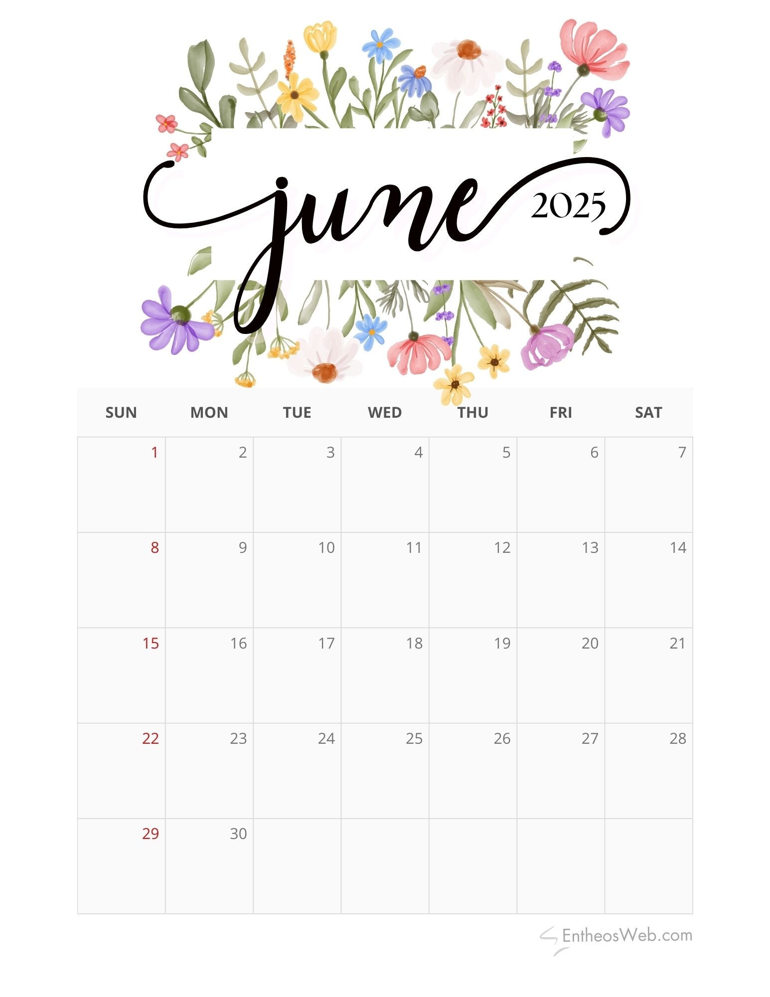Free Printable 2025 Calendar June