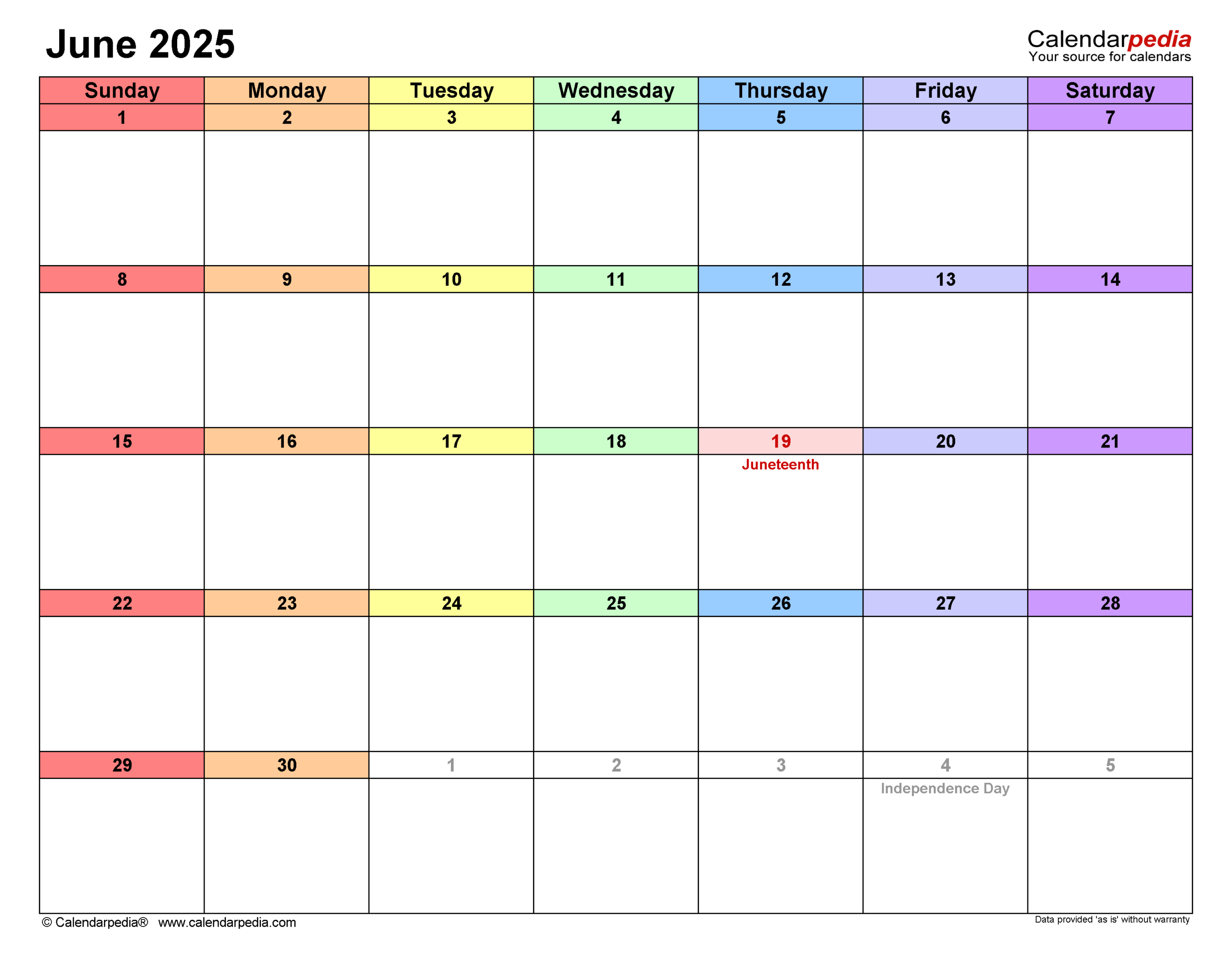 Free Printable Calendar 2025 June Word