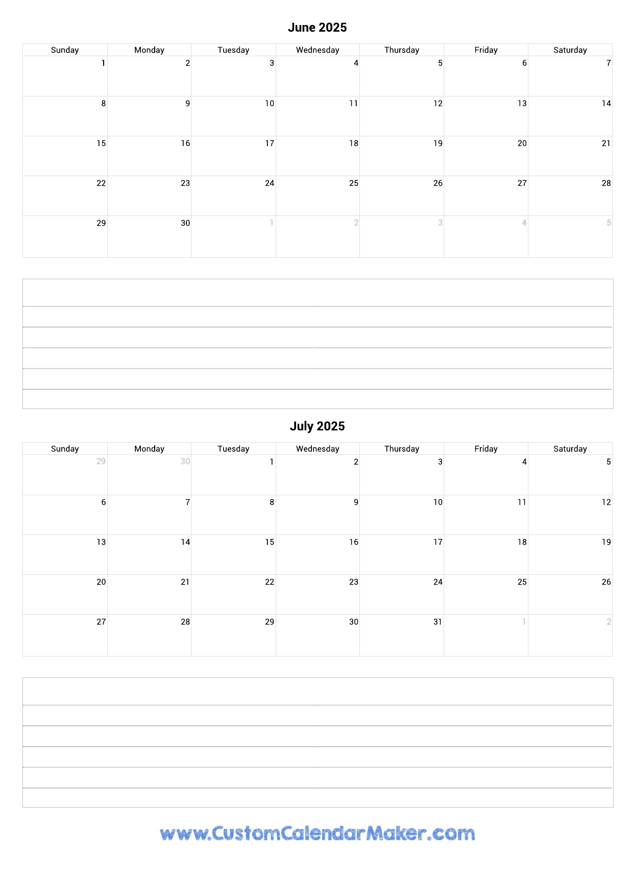 Blank June July Calendar 2025