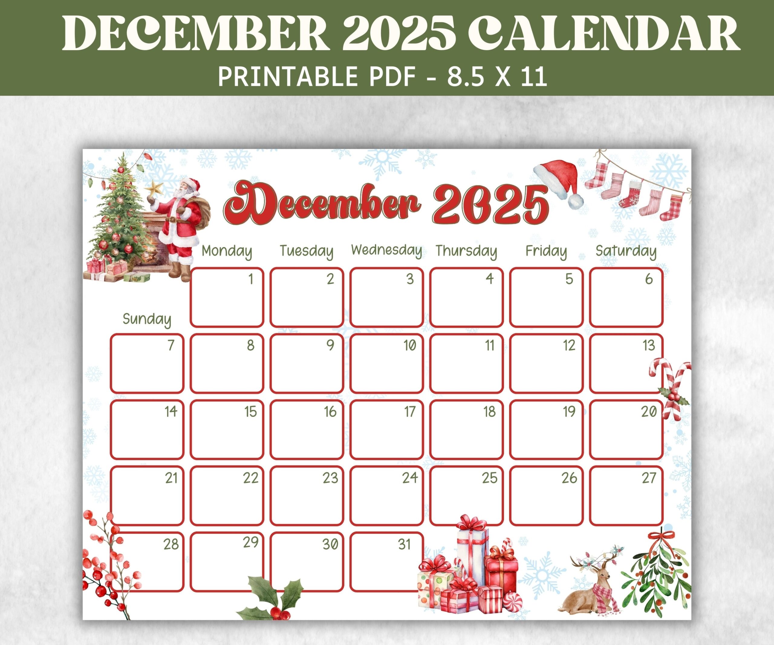 Cute Printable December Monthly Calendar 2025