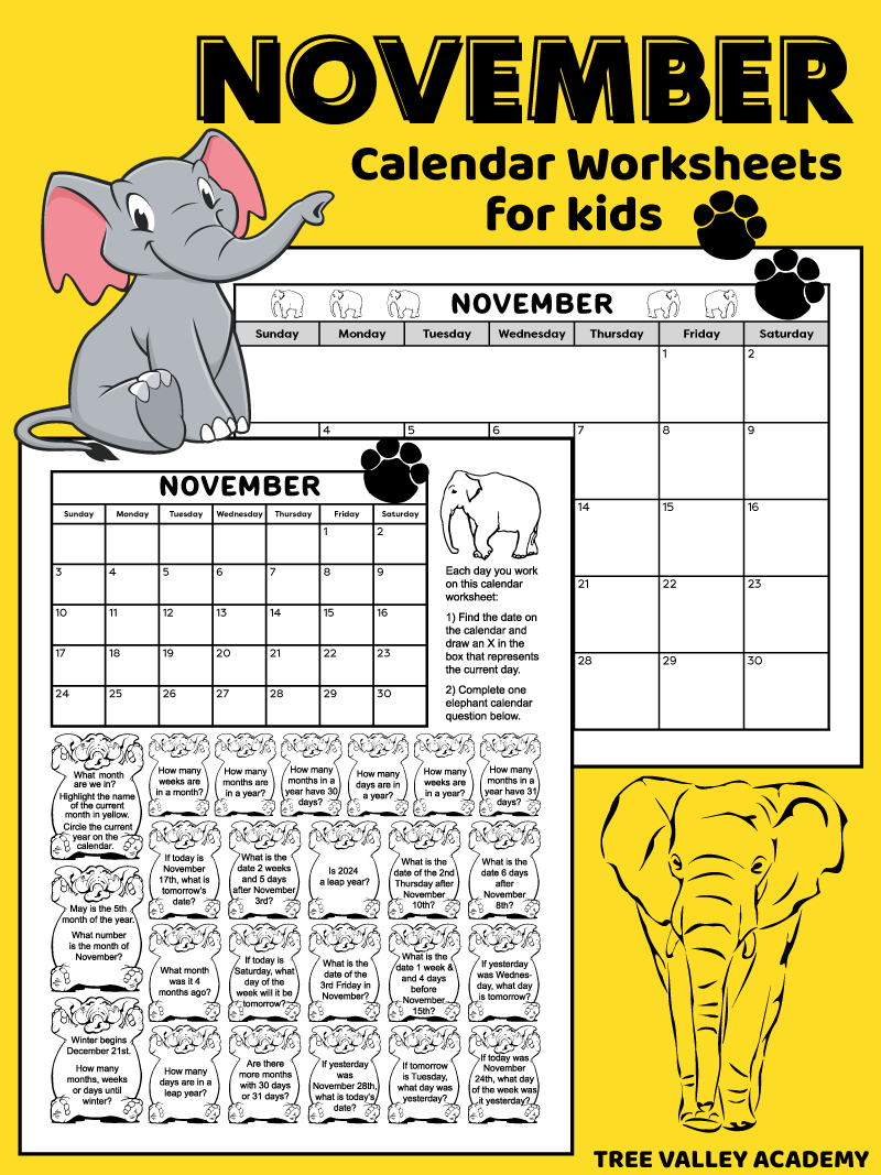 Kid Calendar November Printable 2025