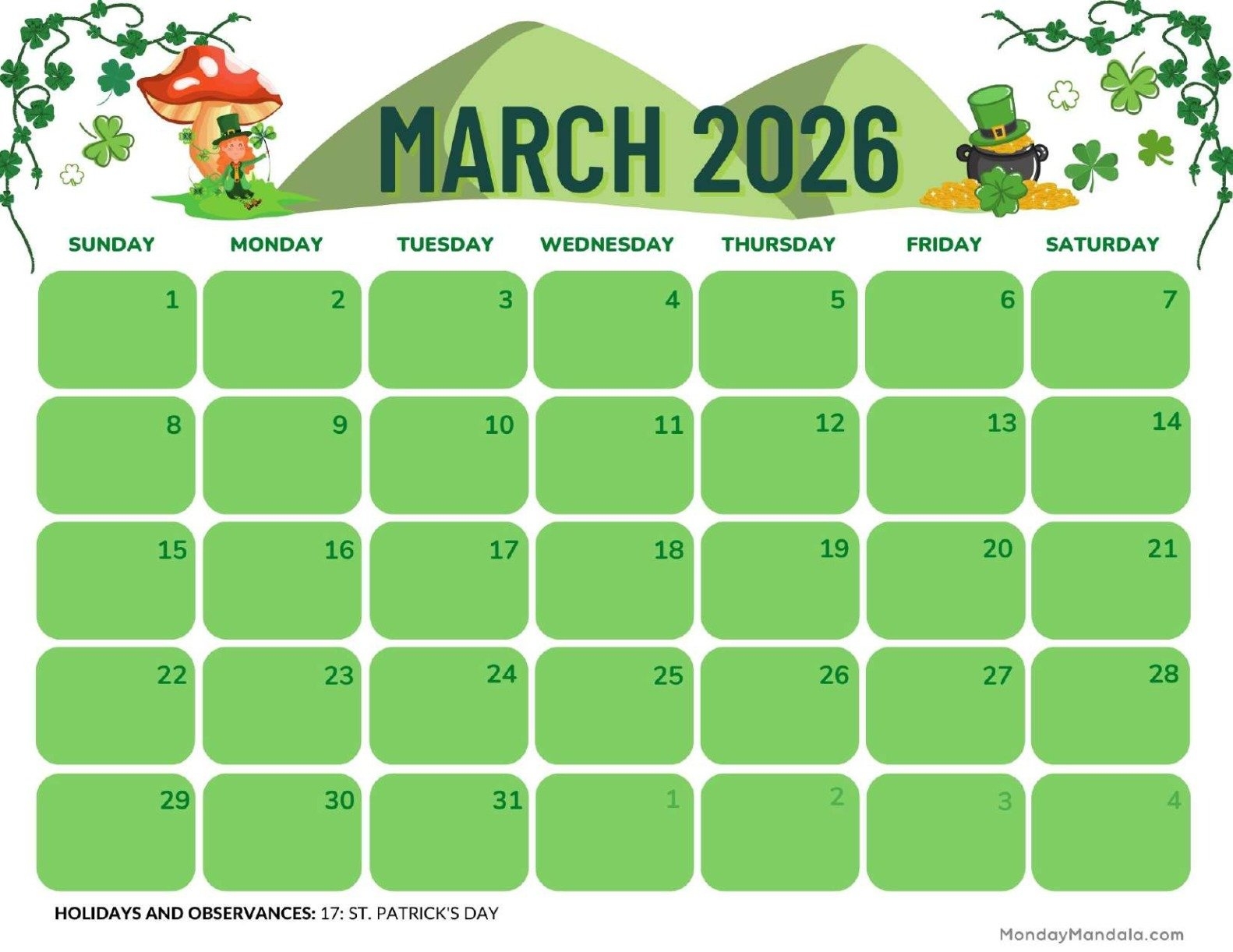 Free Printable Calendar 2026 For March