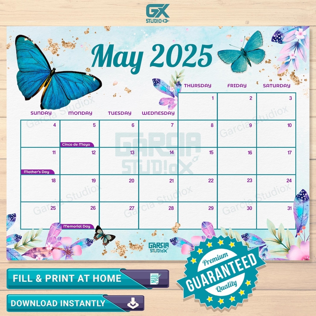 May 2025 Digital Calendar Printable Spring Planner Monthly Calendar For Kids With Butterfly Monthly Calendar With Holidays Etsy
