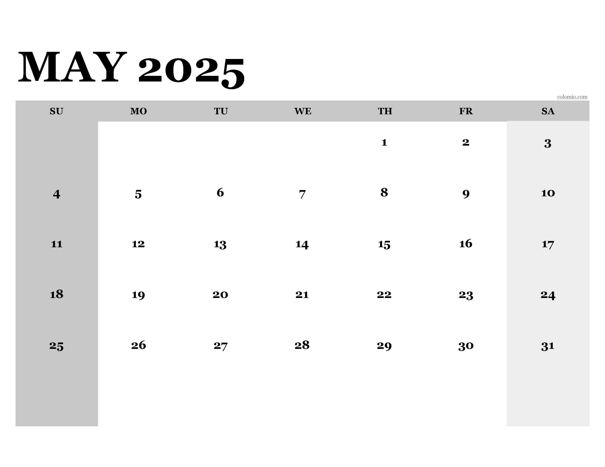 Free Printable Big Grid May 2025 Calendar