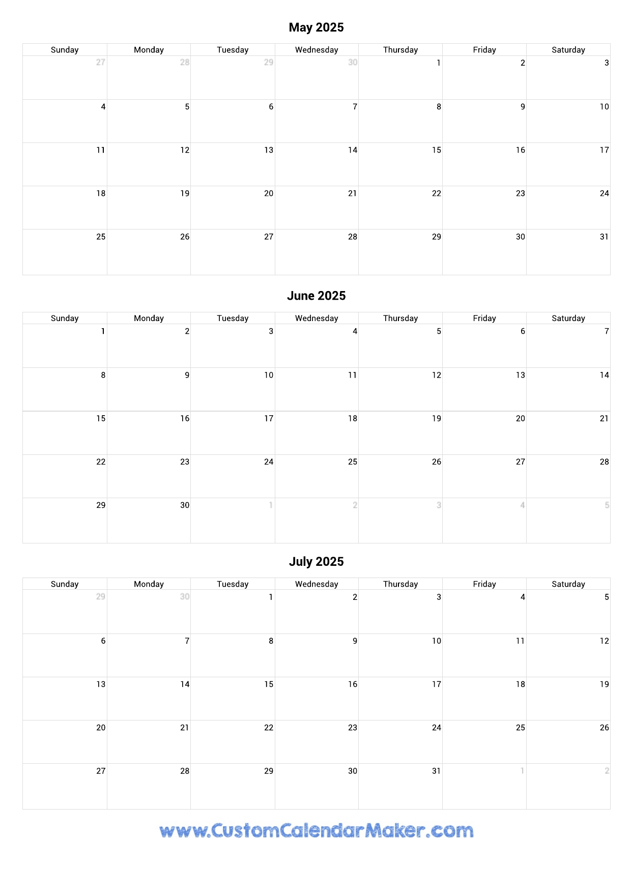 May July 2025 Calendar
