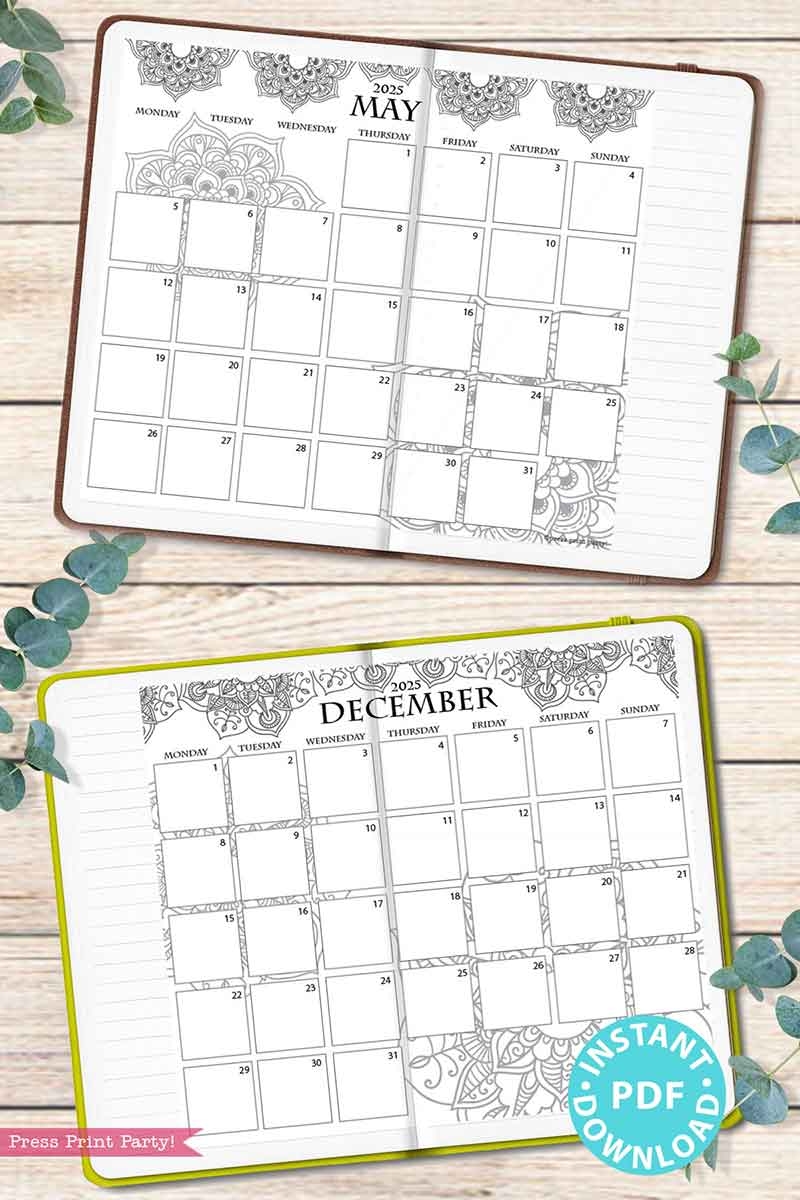 Monday Start 2025 Calendar Printable Set For Bullet Journals Or Binders Mandala for Bullet Journals Or Binders 