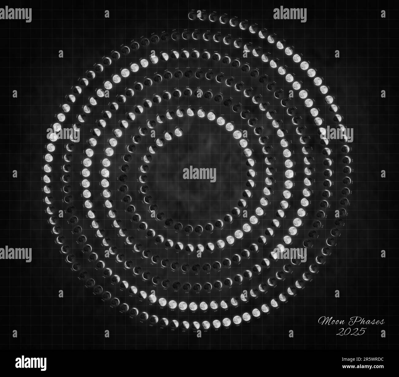 Moon Calendar 2025 Spiral Moon Phases On Black Background Stock Photo Alamy