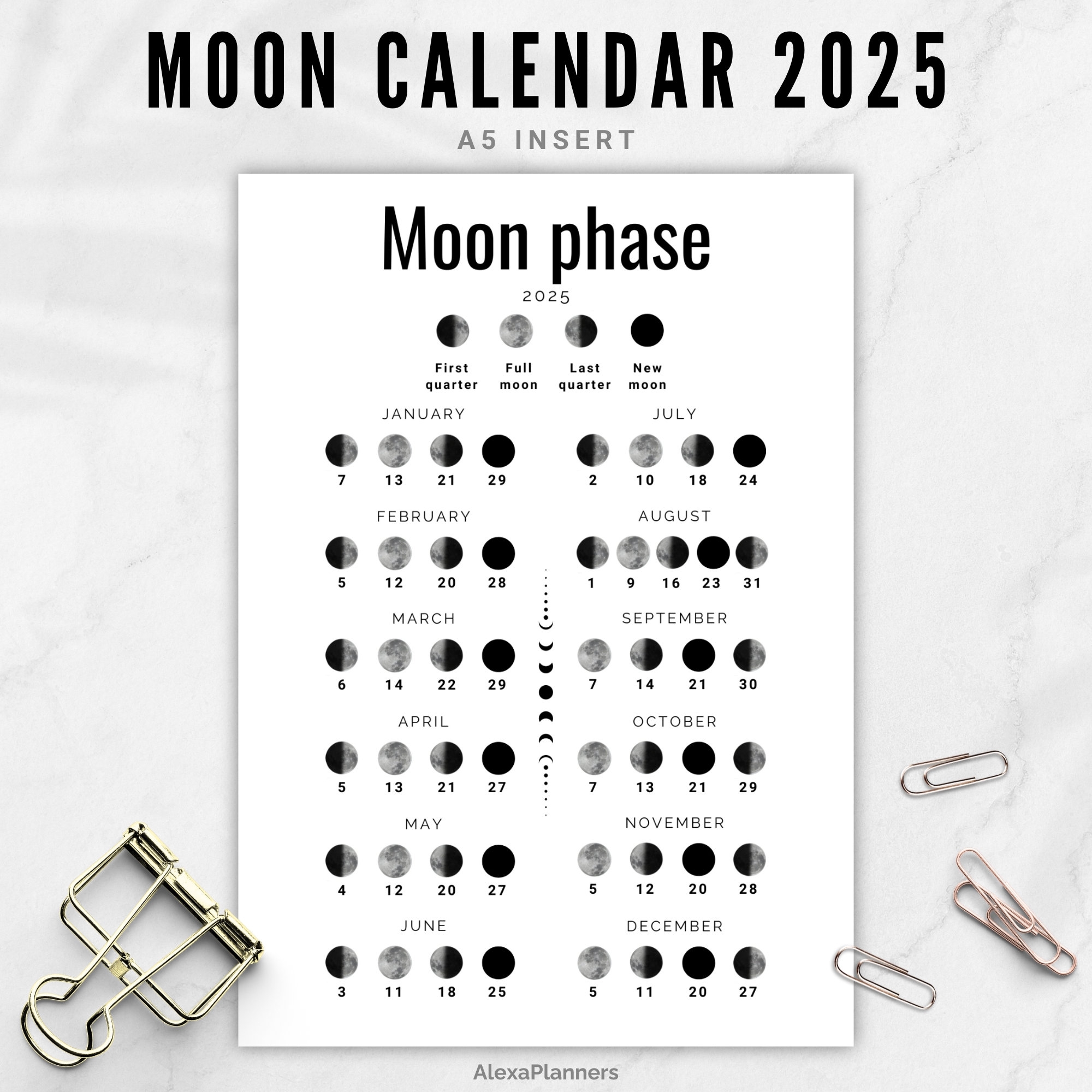 Moon Phase Calendar 2025 Lunar Calendar A5 Planner Inserts Etsy