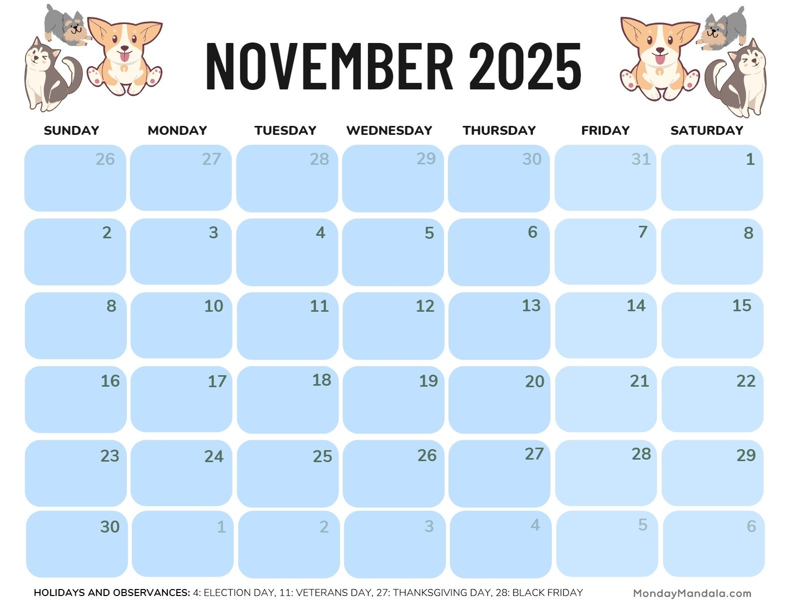 Free Printable 2025 Noveber Calendar 8by10