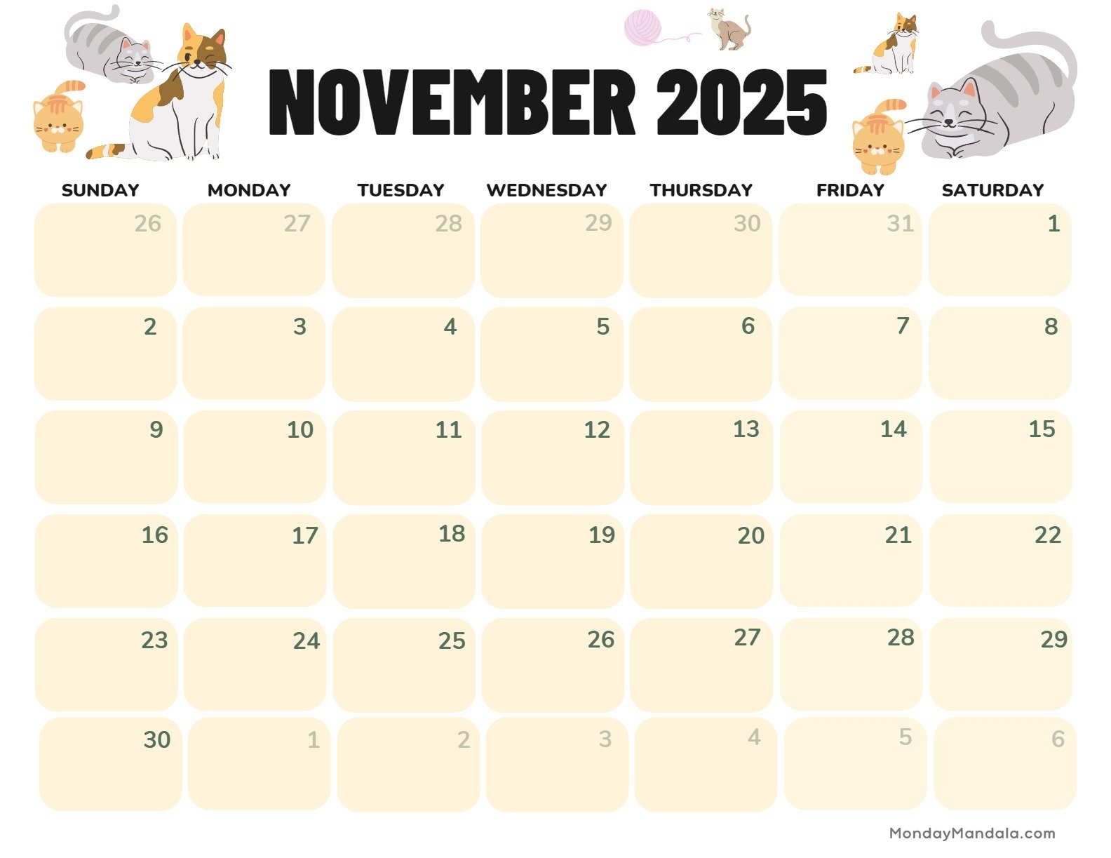 November 2025 Day Calendar Printable