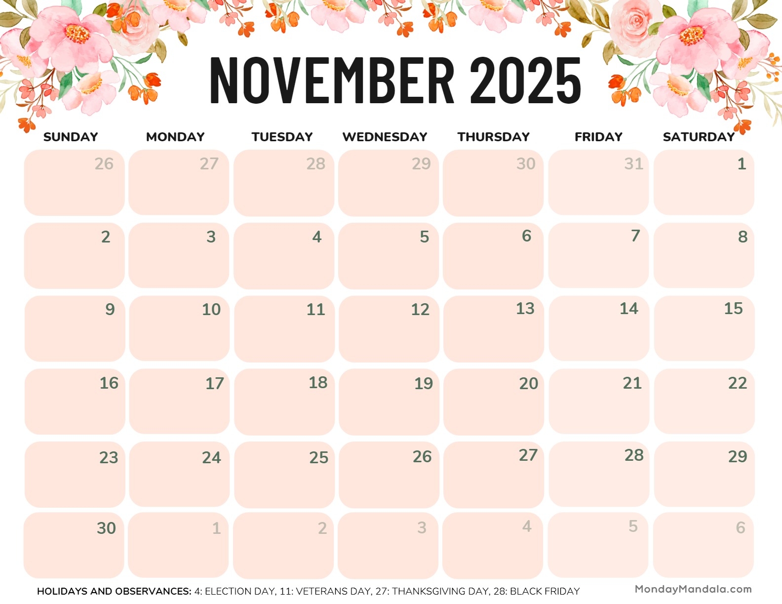 Free Printable Blank Calendar November 2025