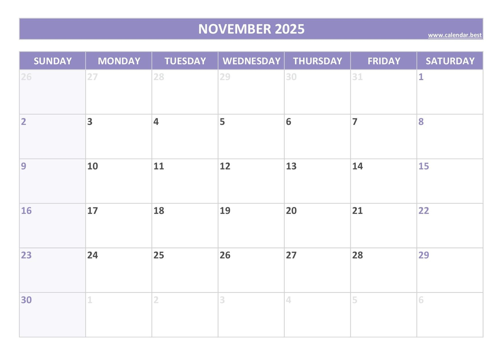 Free Printable November 2025 Calendar Numbers