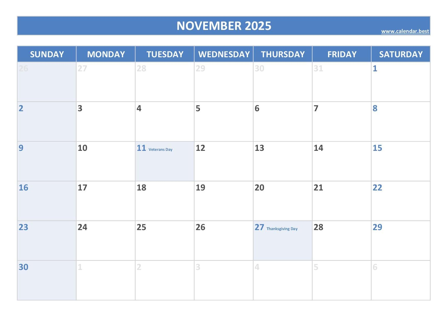 Free Printable 2025 Calendar With Holidays November