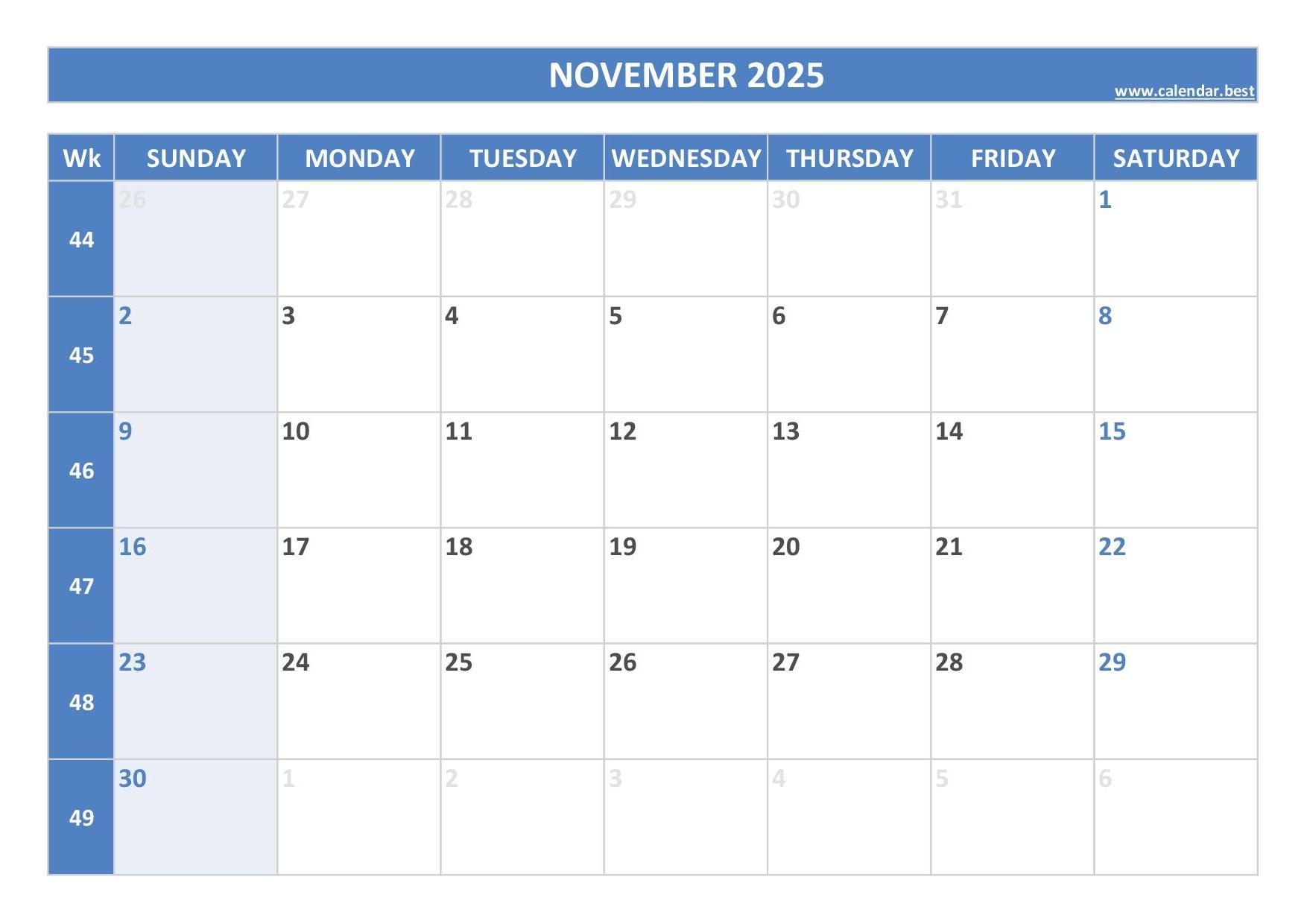 Monthly Calendar 2025 Printable November