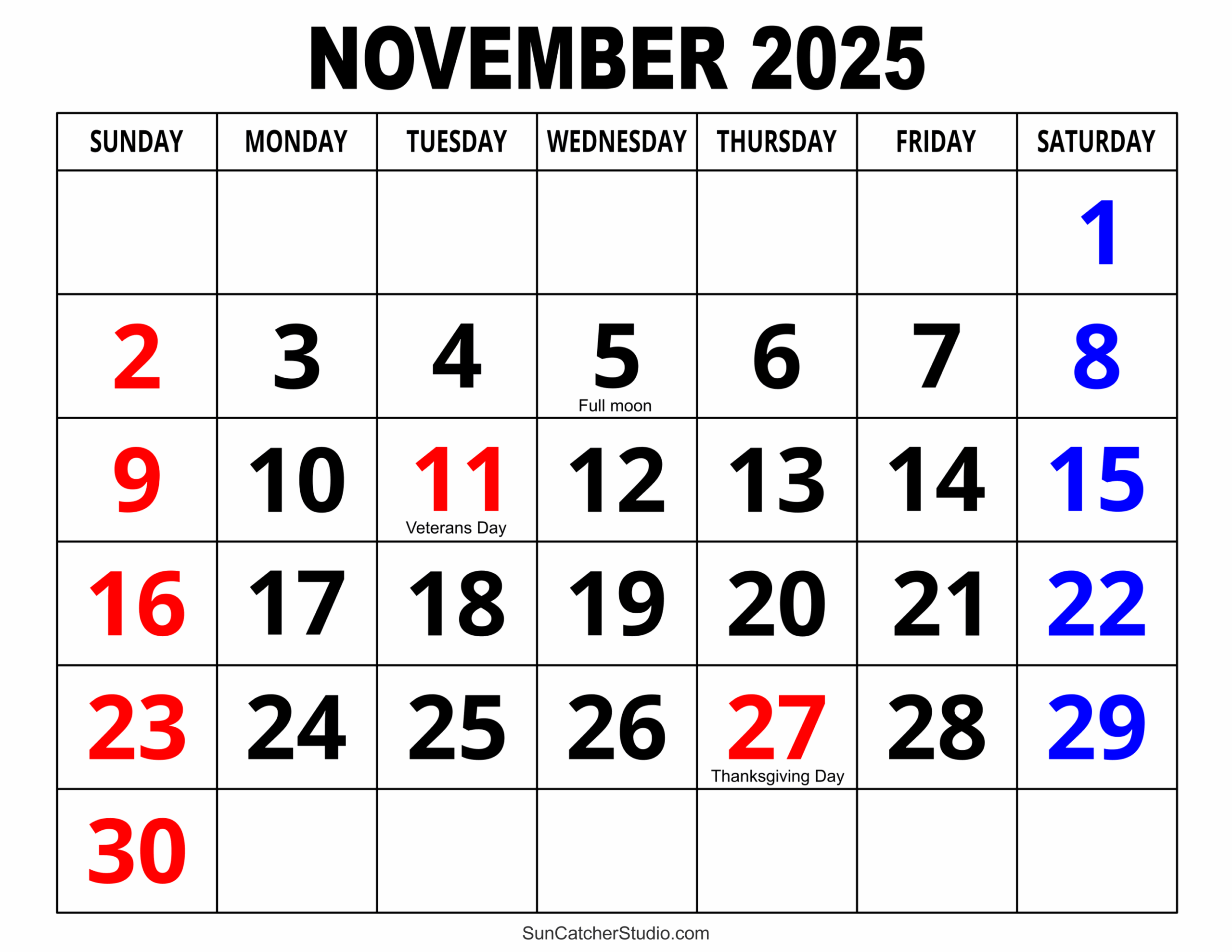 Printable November 2025 Calendar Free