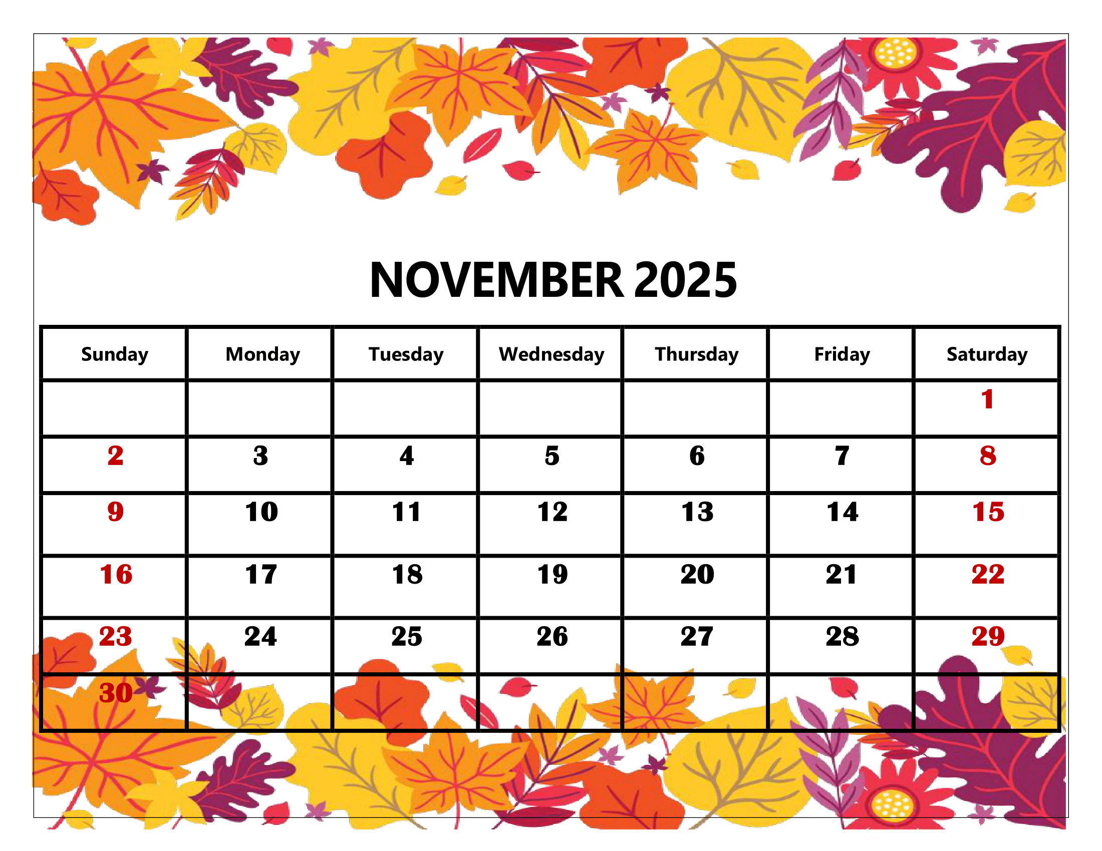 November 2025 Printable Calendar Vertical