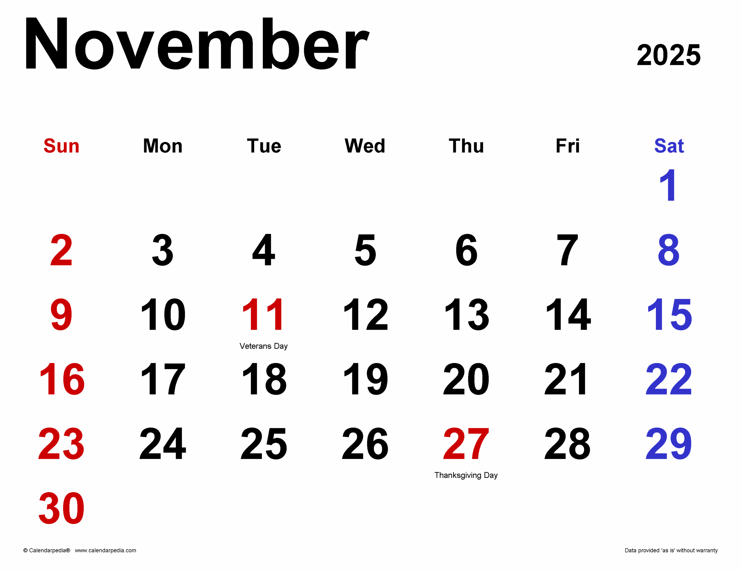 Free Printable November 2025 Calendar Thanksgiving