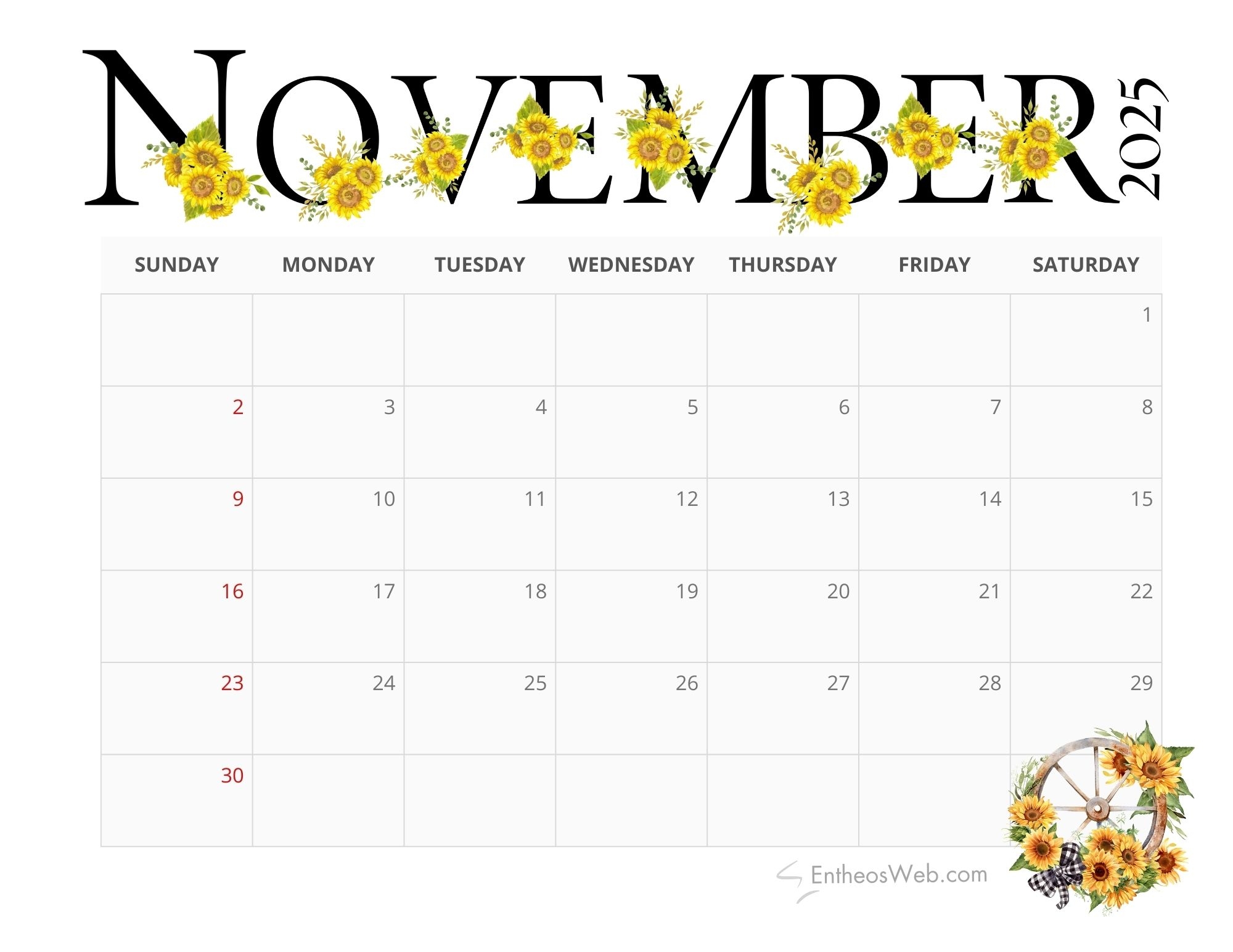 November 2025 Calendar Printable Weekly