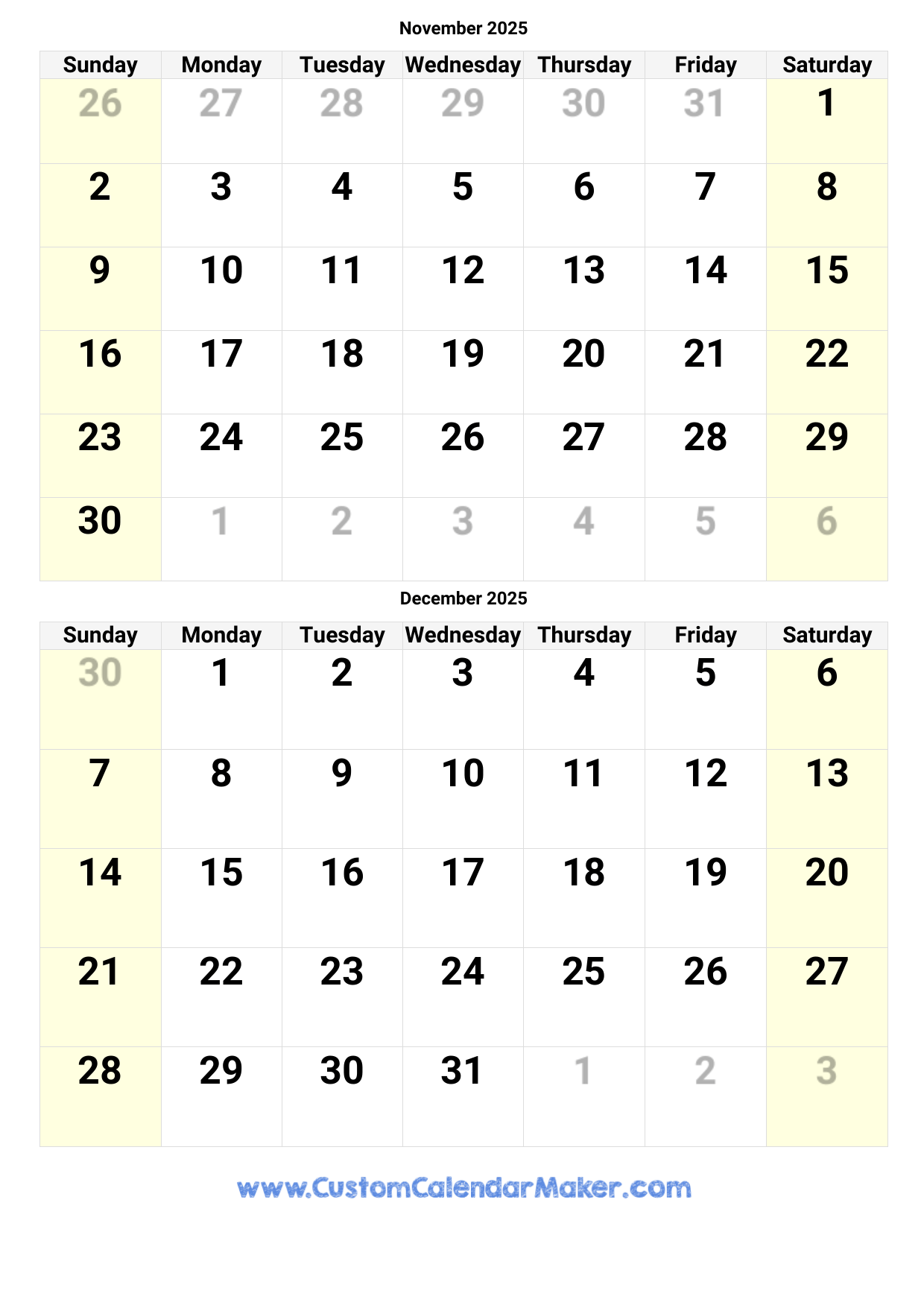 Printable Calendar November 2025 December