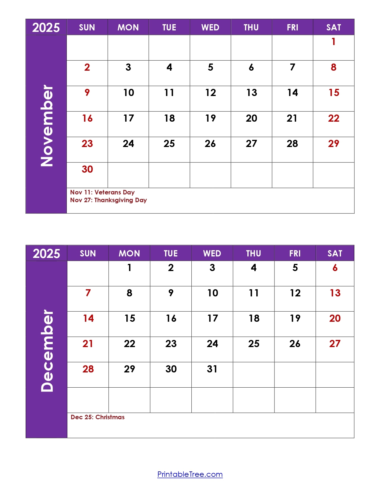 November And December 2025 Calendar Printable PDF Two Months 