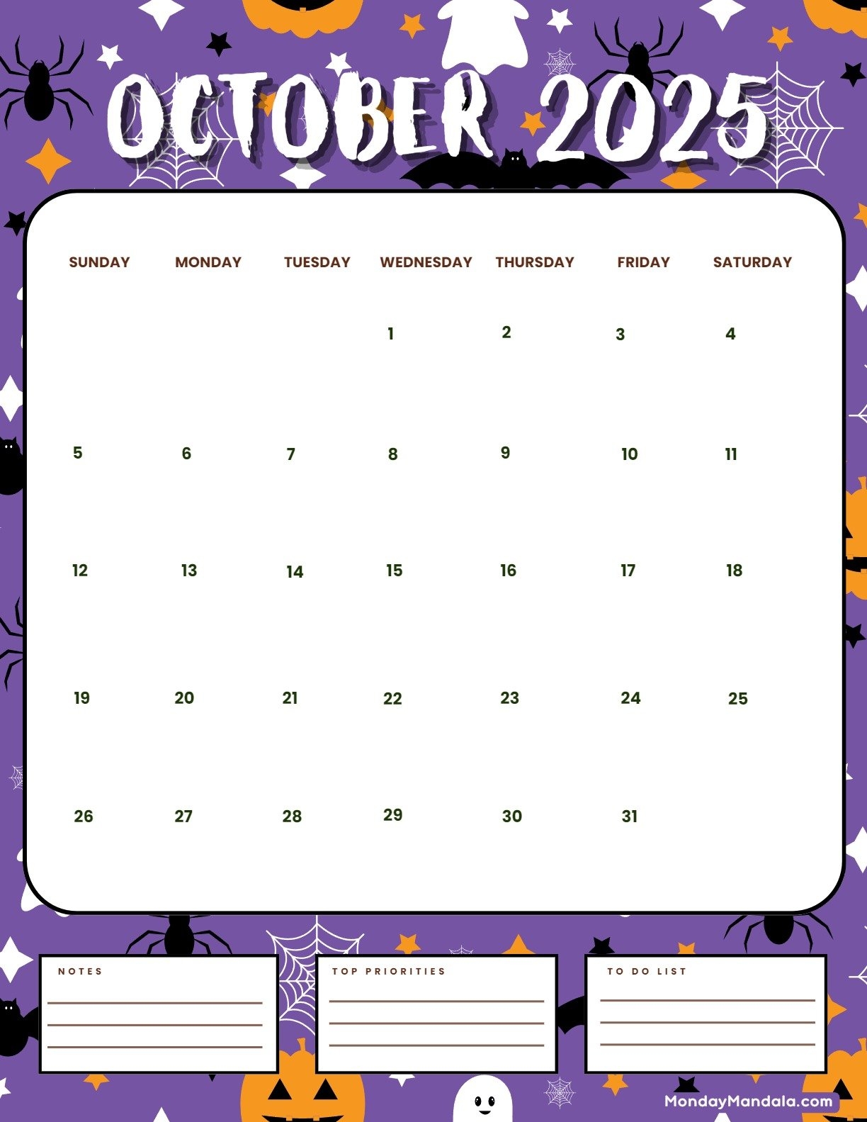 Halloween October 2025 Calendar Printable
