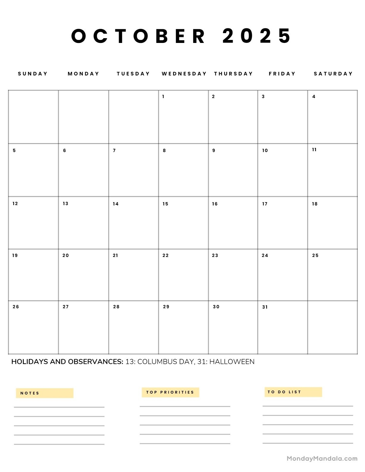 Printable October 2025 Monthly Calendar