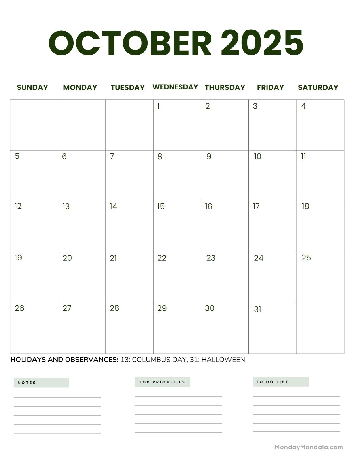 Printable October 2025 Calendar Free