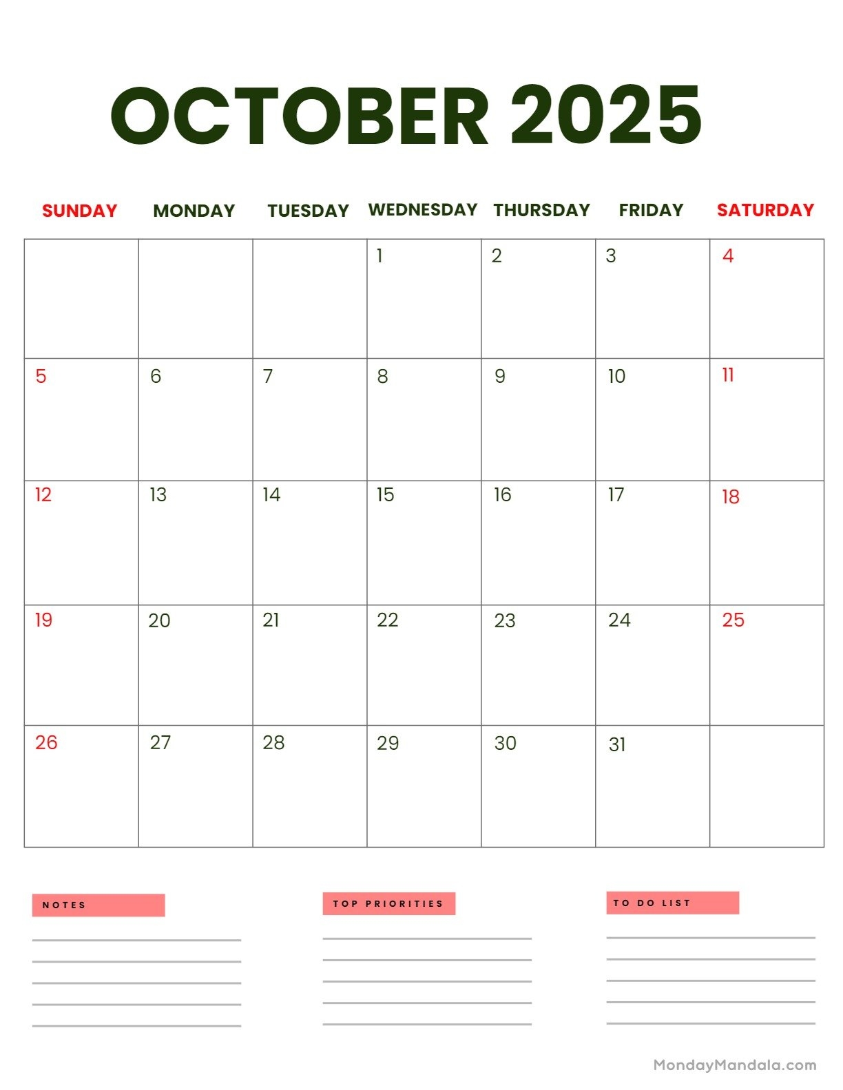 Printable Monthly Calendar October 2025
