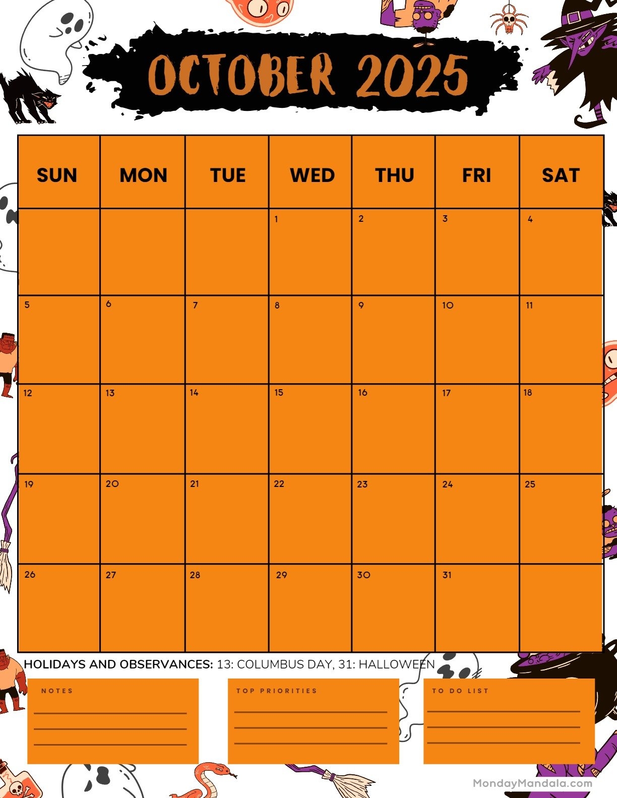 Free Printable October 2025 Halloween Calendar