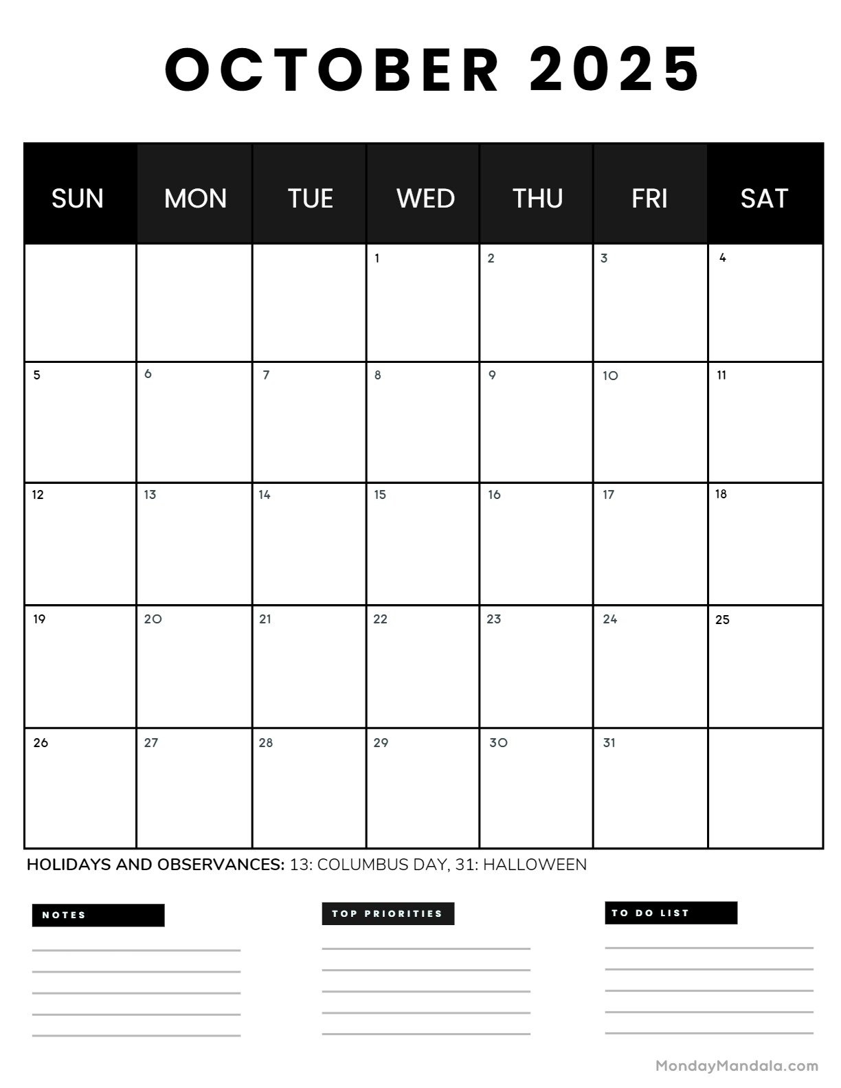 October Coloring Calendar 2025