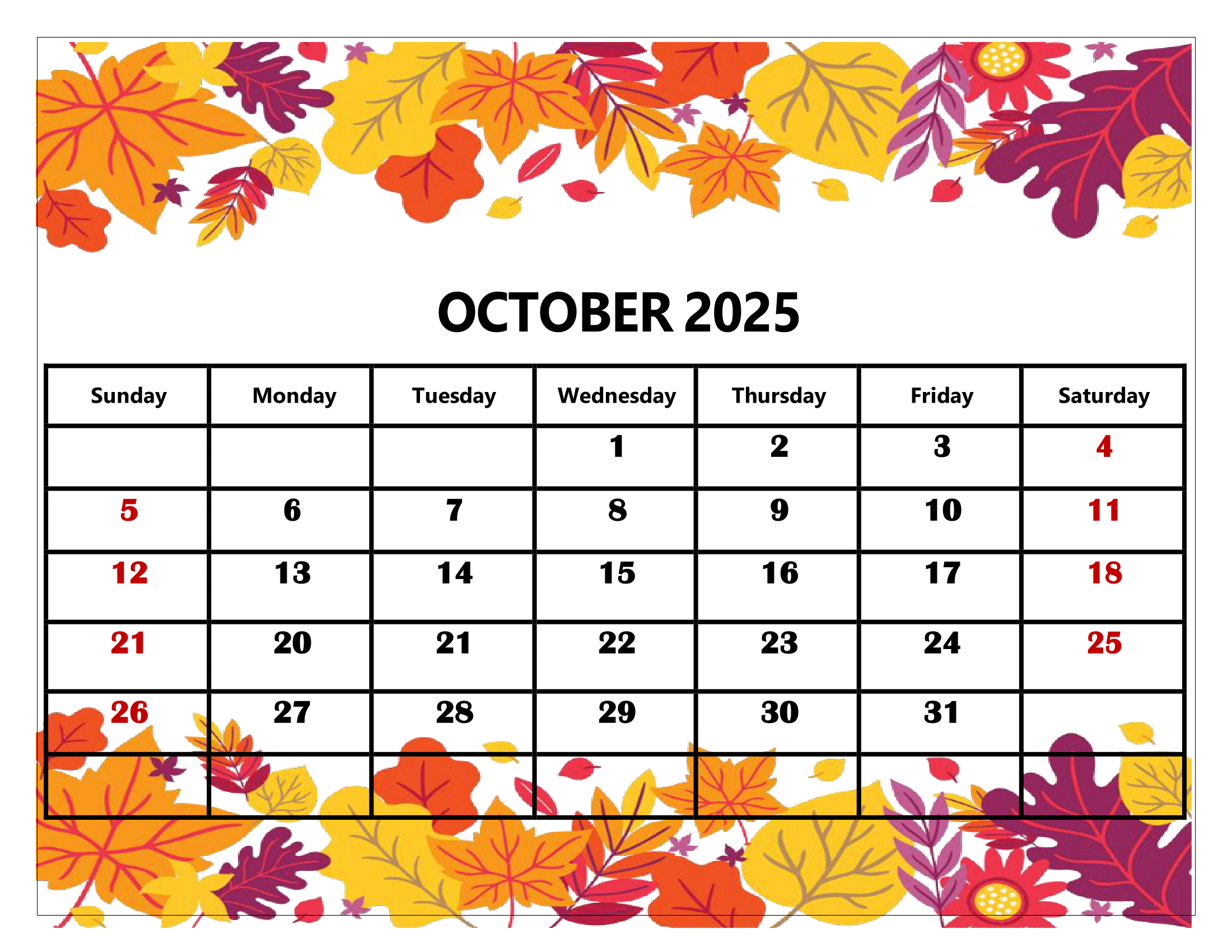 Free Printable October 2025 Calendar With Holidays