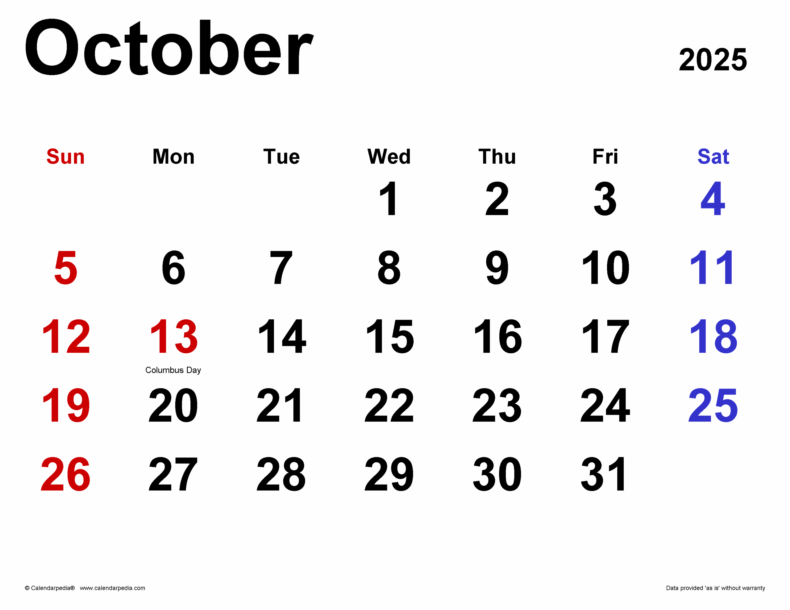 October 2025 Calendar Templates For PDF Excel And Word
