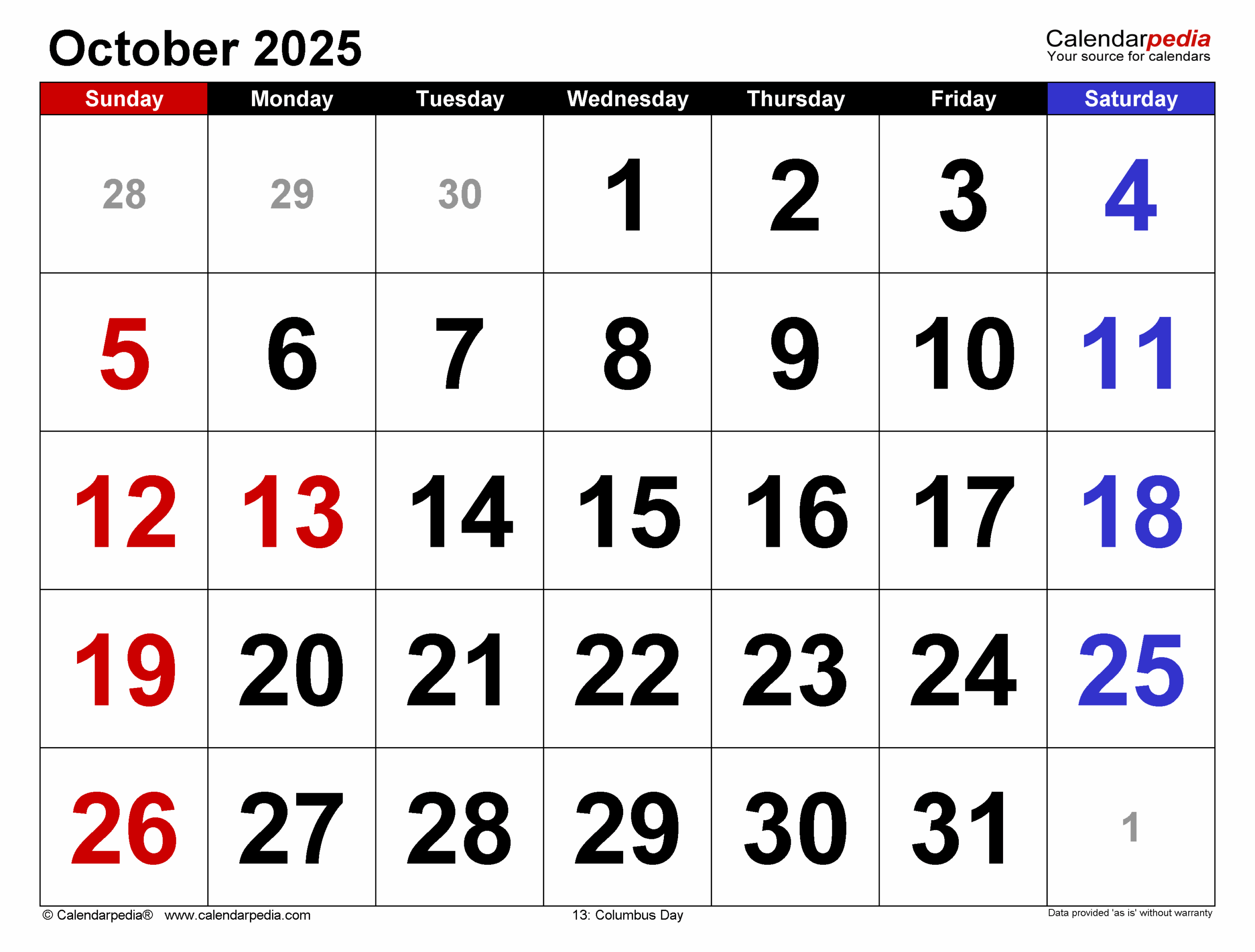 Blank October 2025 Calendar