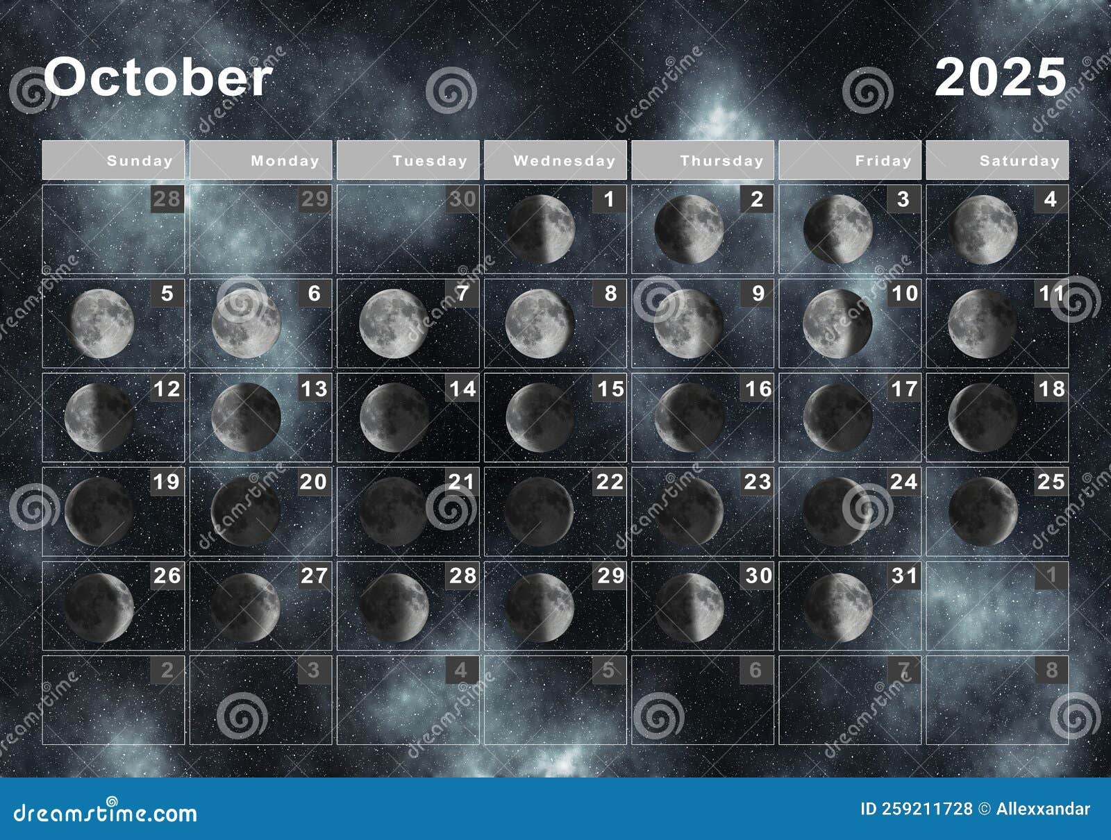 October 2025 Lunar Calendar Moon Cycles Stock Illustration Illustration Of Number Print 259211728