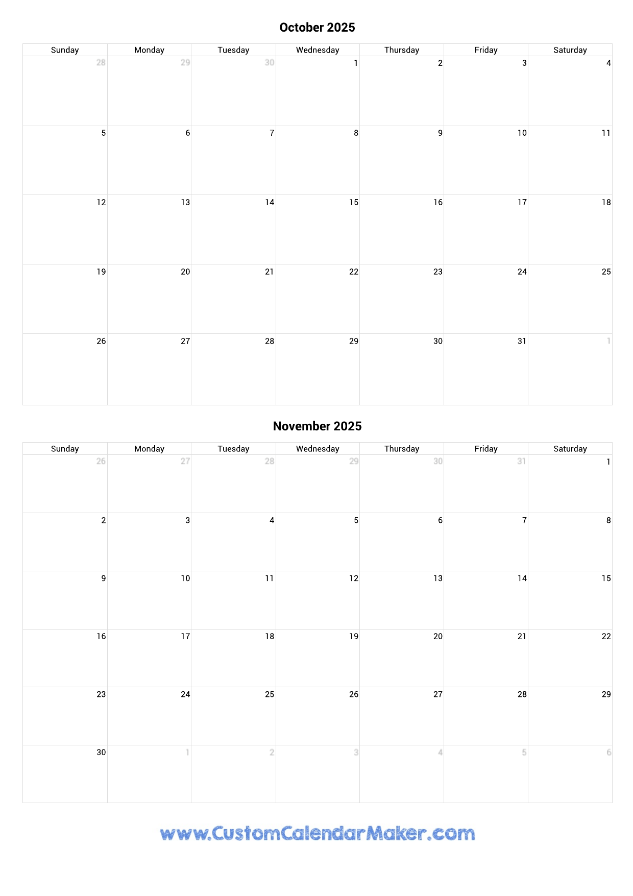 October And November 2025 Calendar Printable
