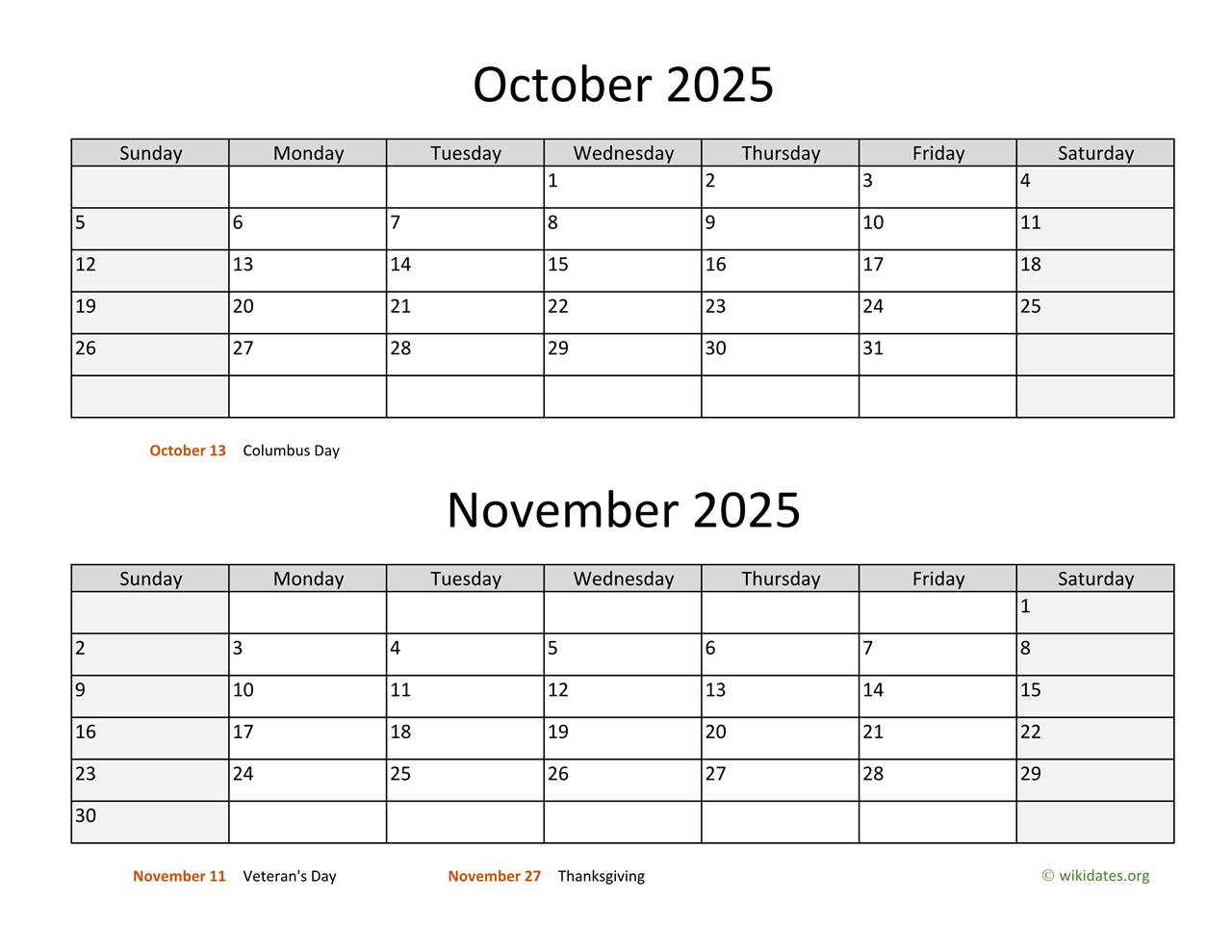 Printable Calendar October November 2025 December